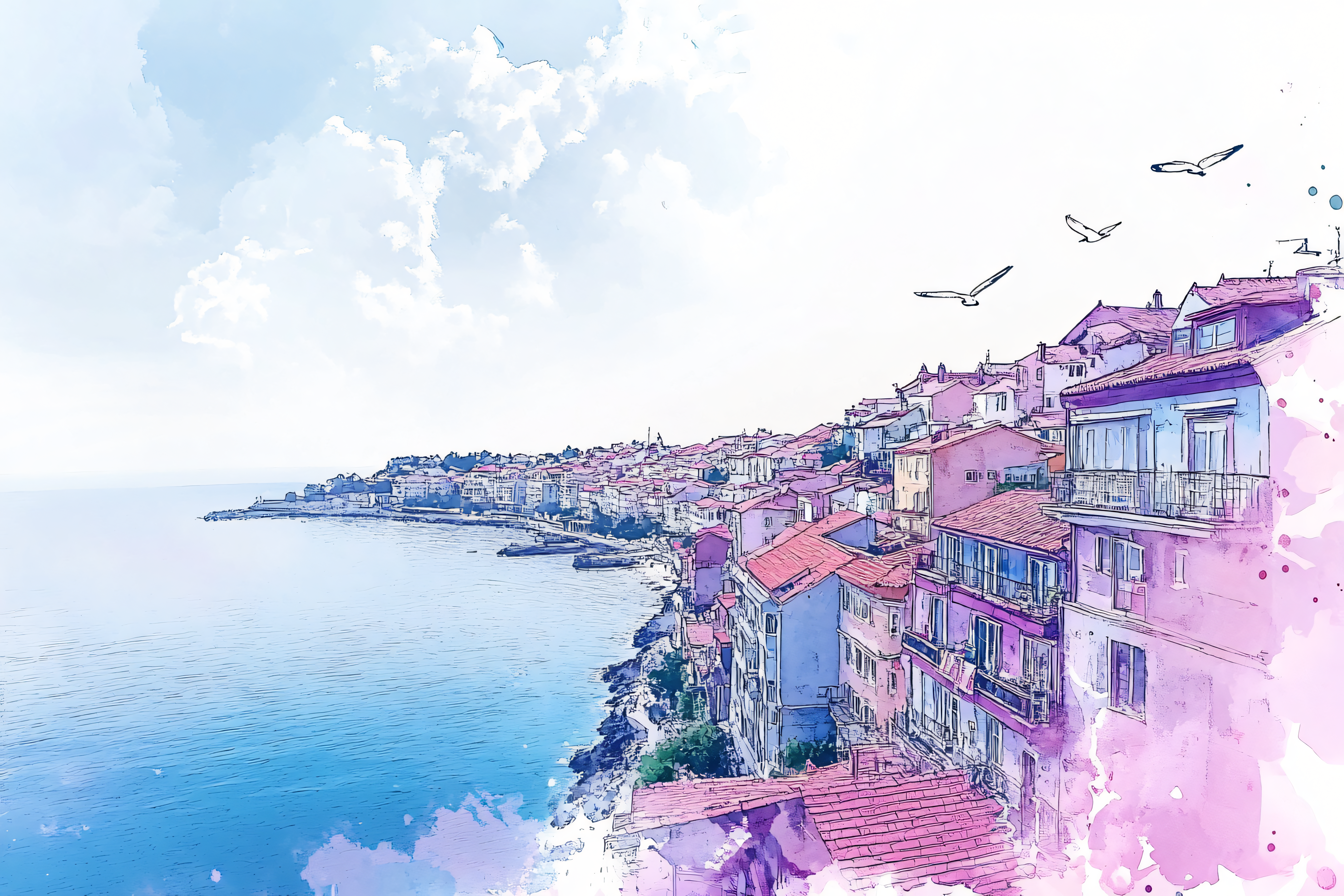 Coastal Town Watercolor Painting