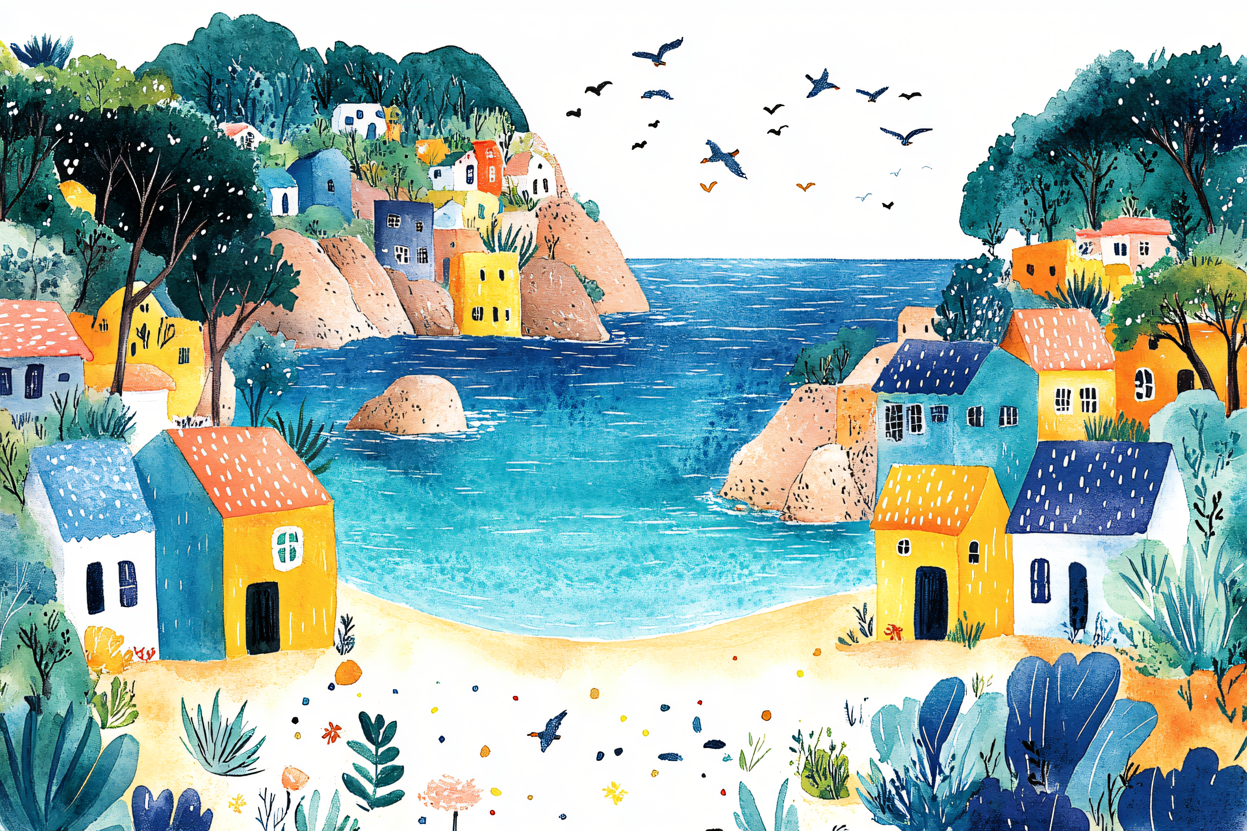 Coastal Village Watercolor Illustration