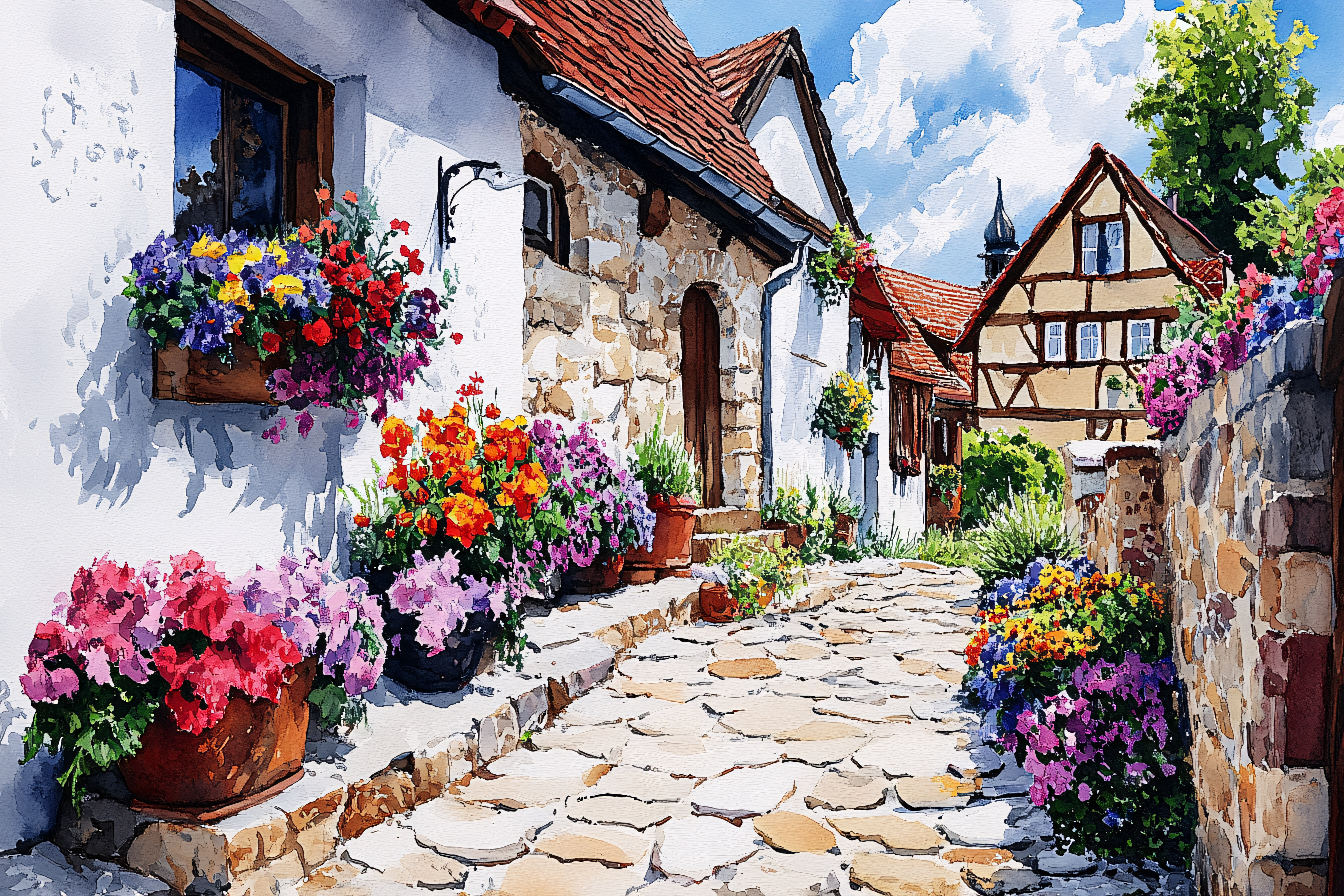 Cobblestone Street Lined with Flowers
