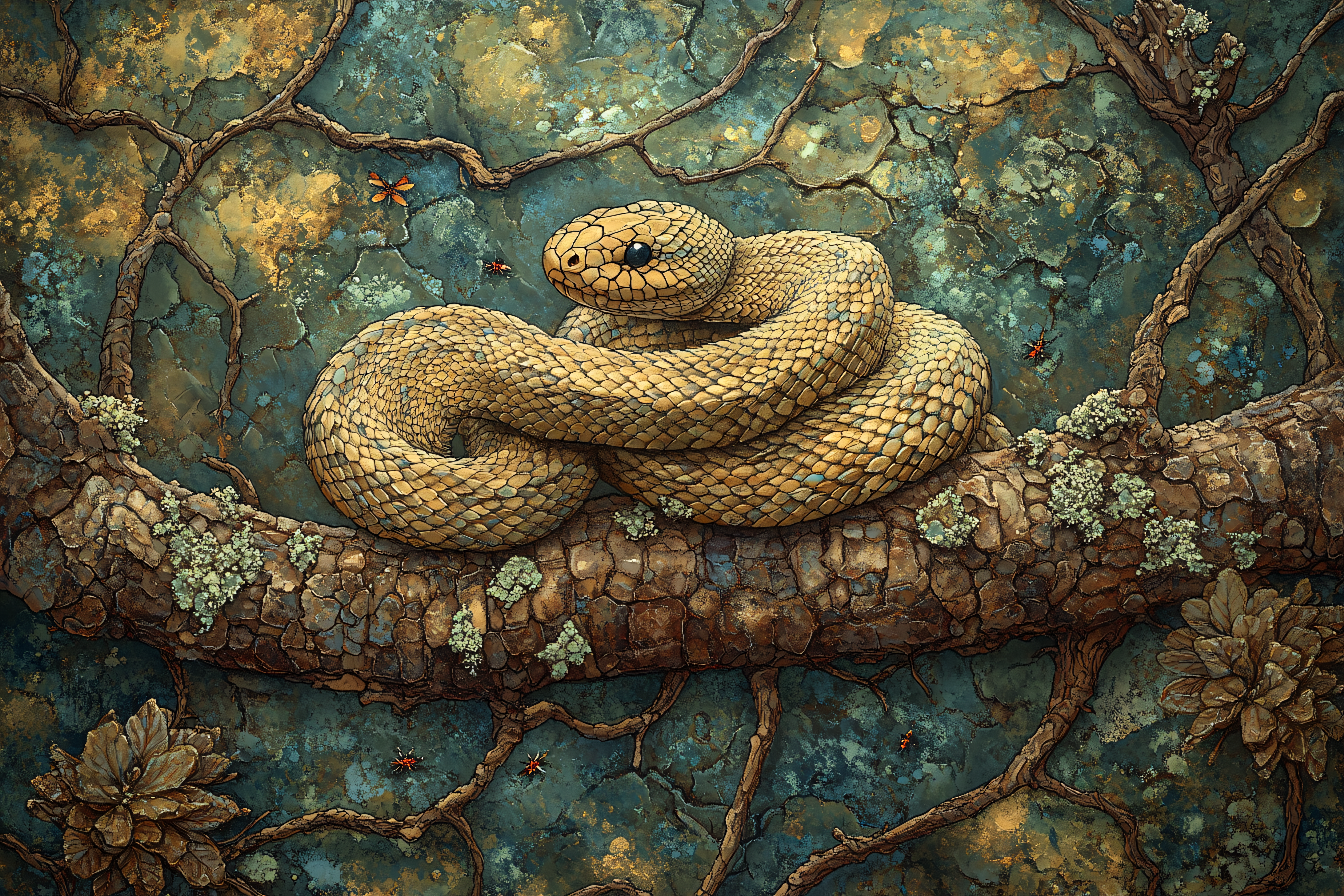 Coiled Golden Snake on Branch