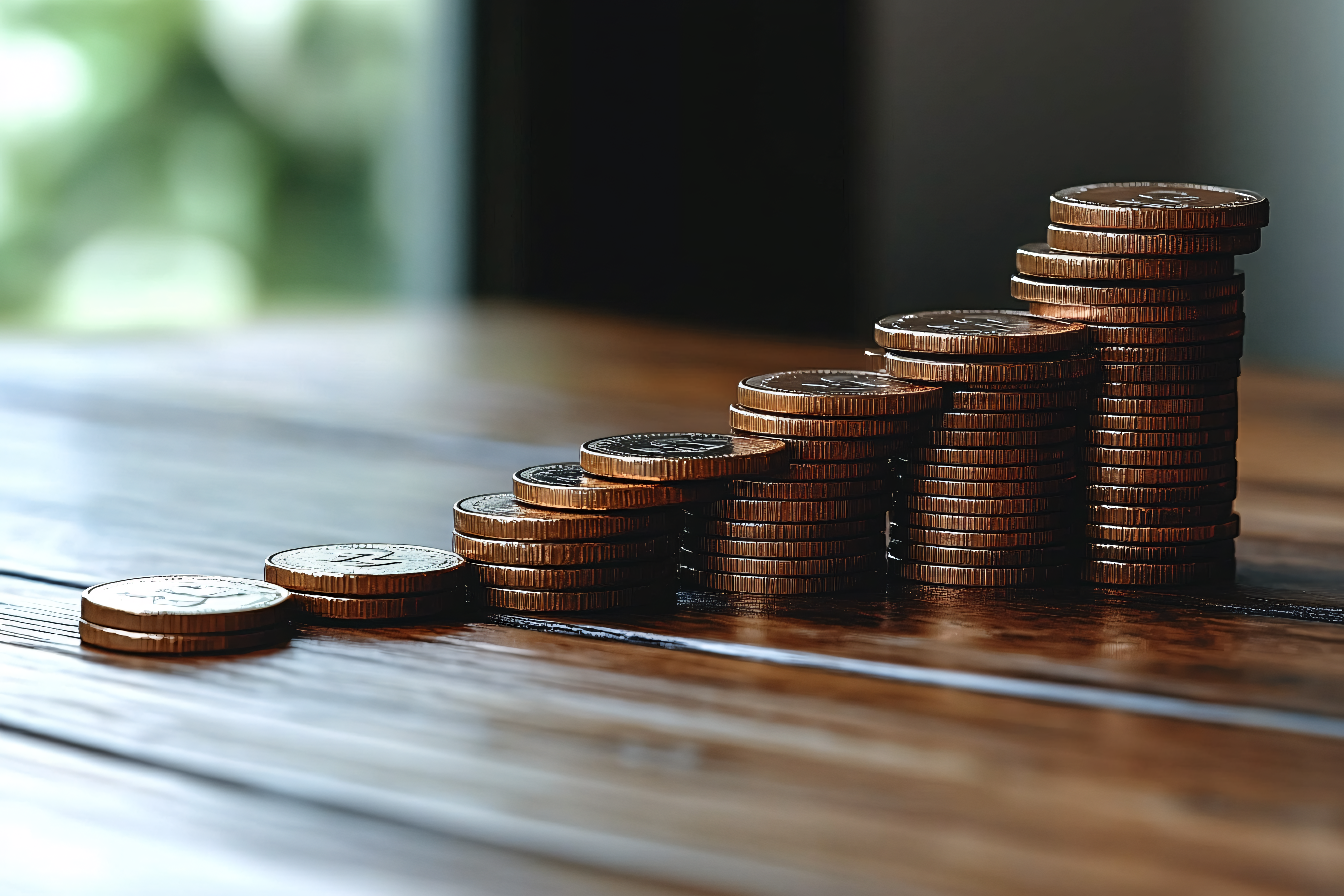Coin Stacks Rising on Wooden Surface