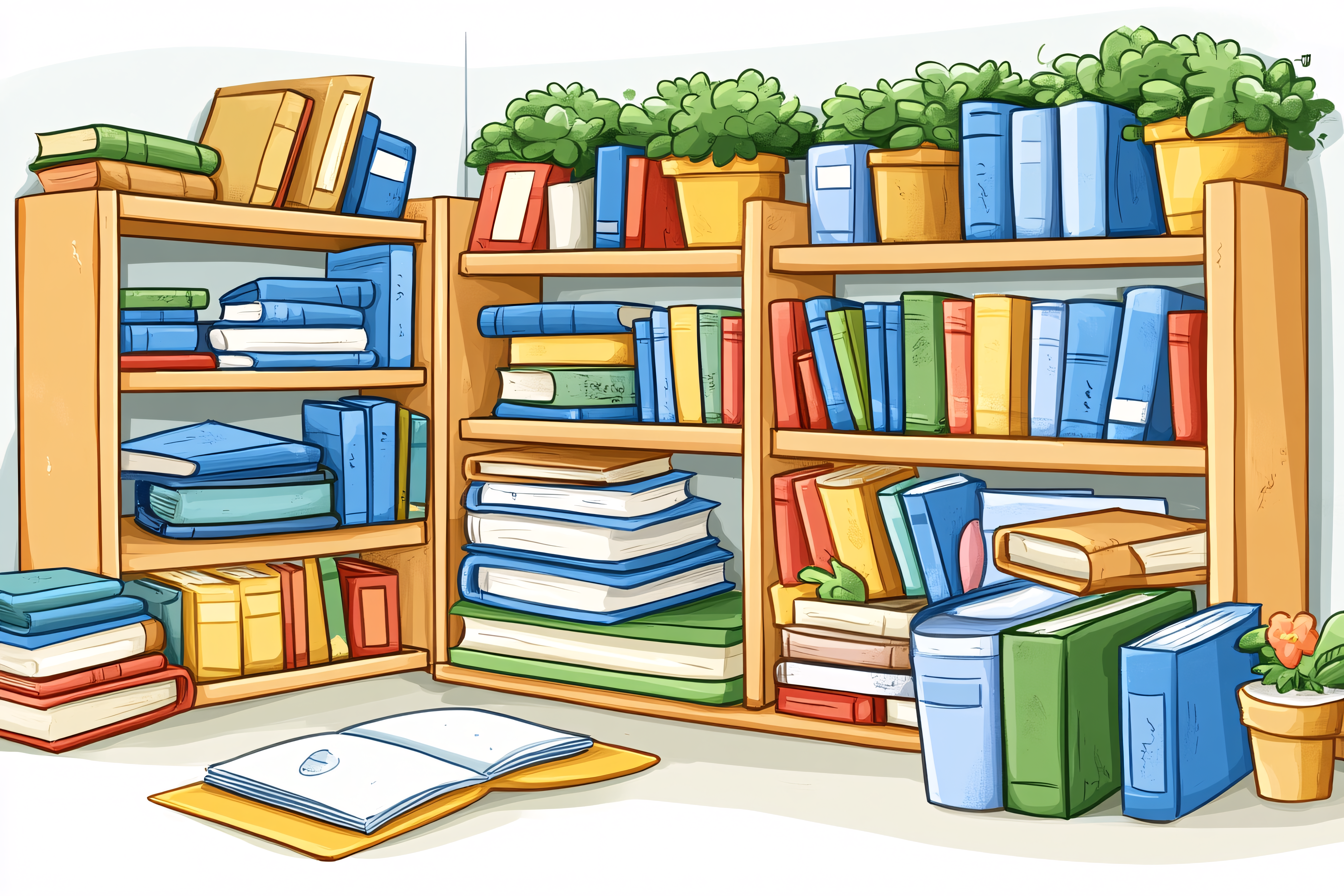 Colorful Bookshelves with Books and Plants
