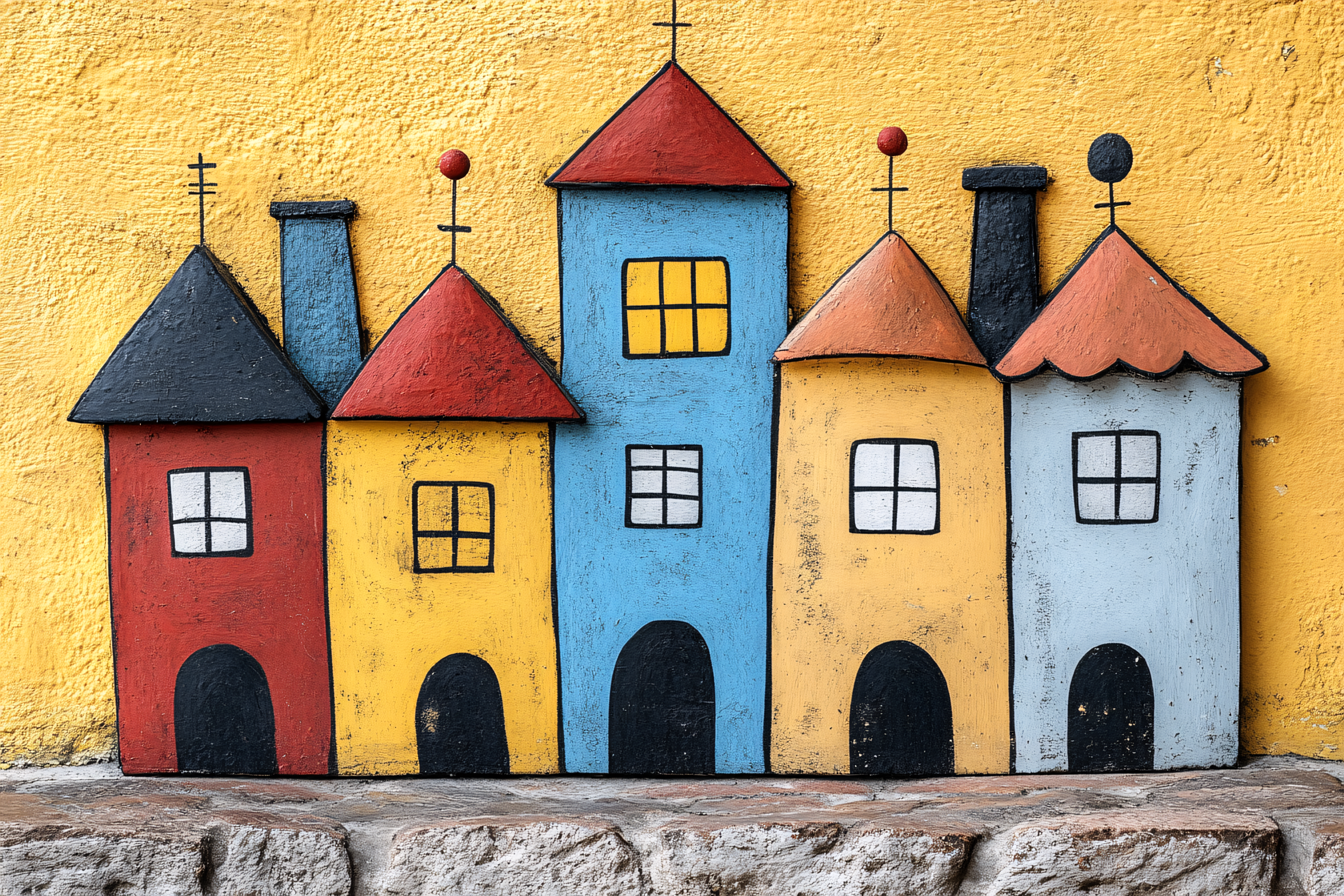 Colorful Cartoon Houses on Yellow Wall
