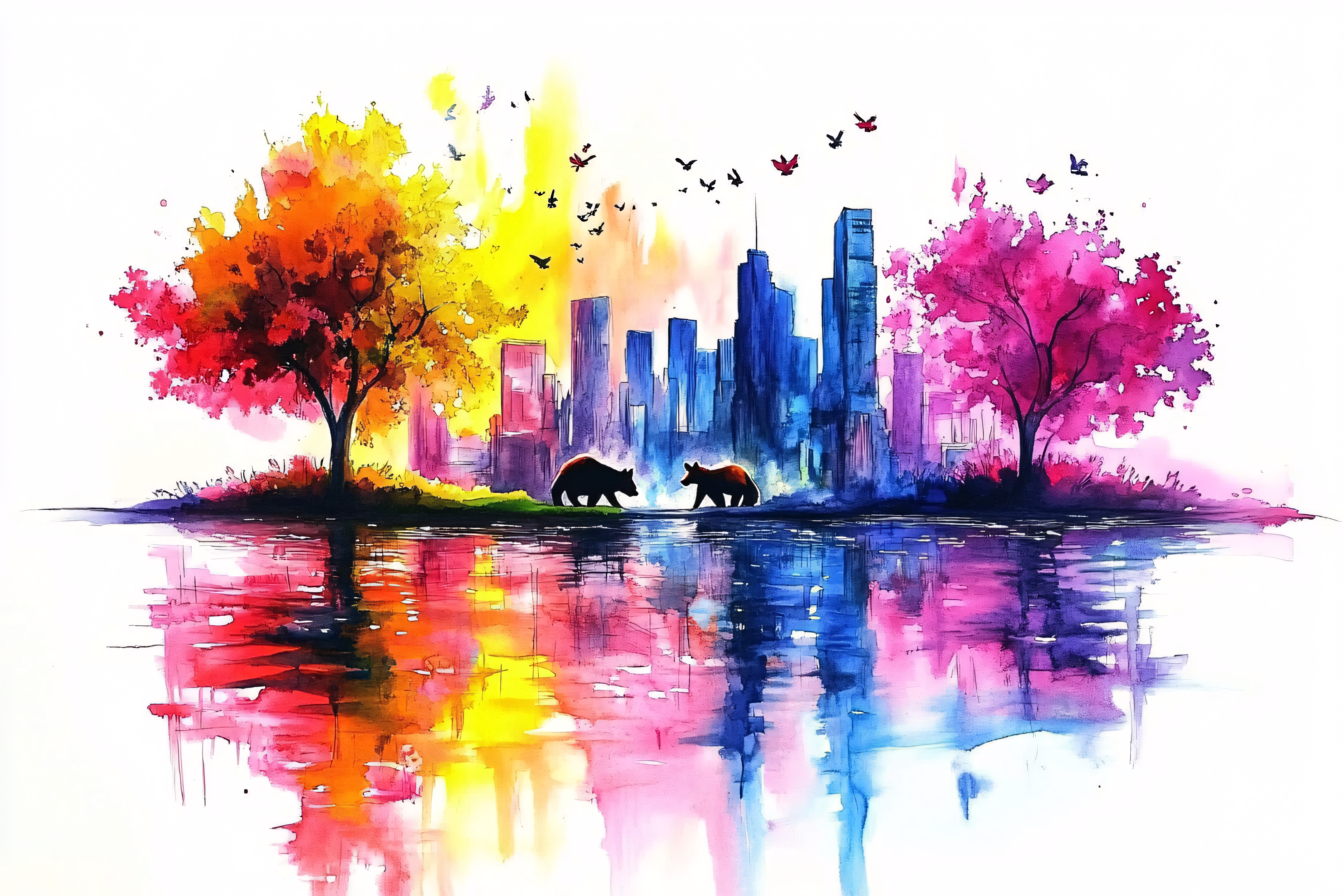 Colorful Cityscape With Bears