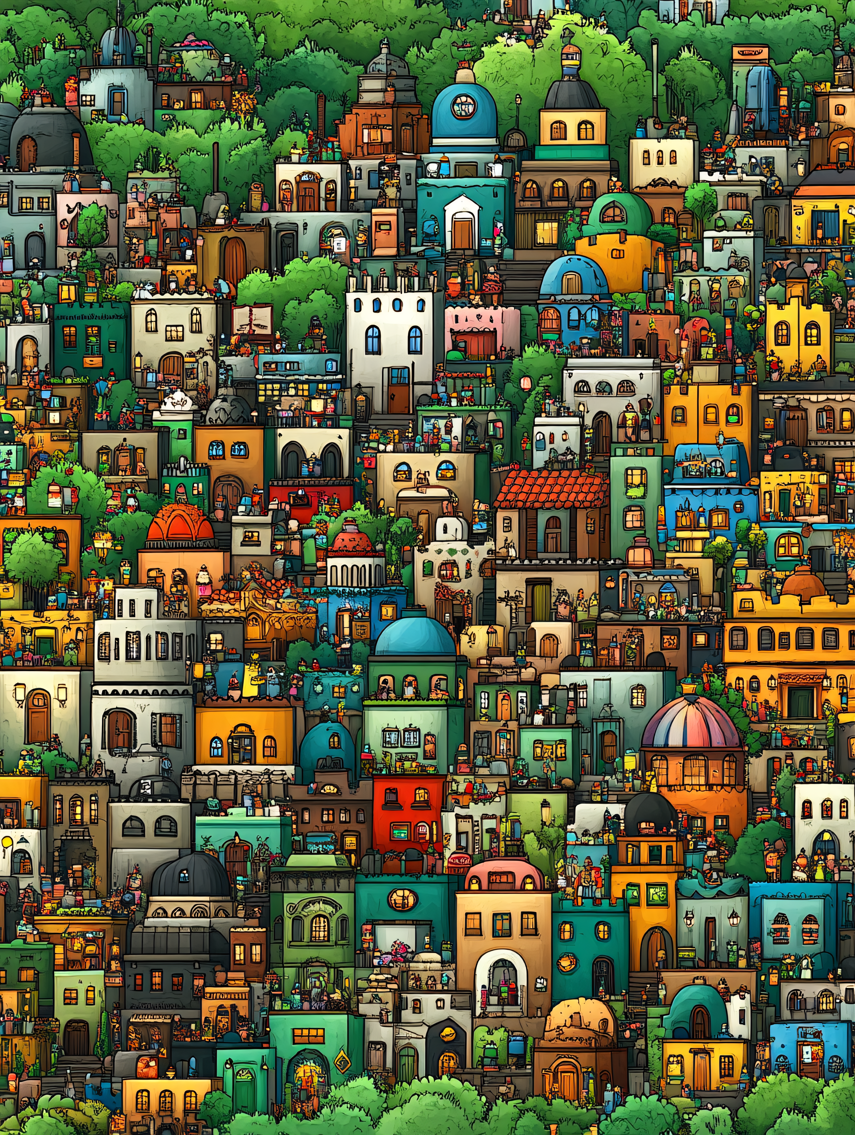 Colorful Crowded Cityscape Illustration