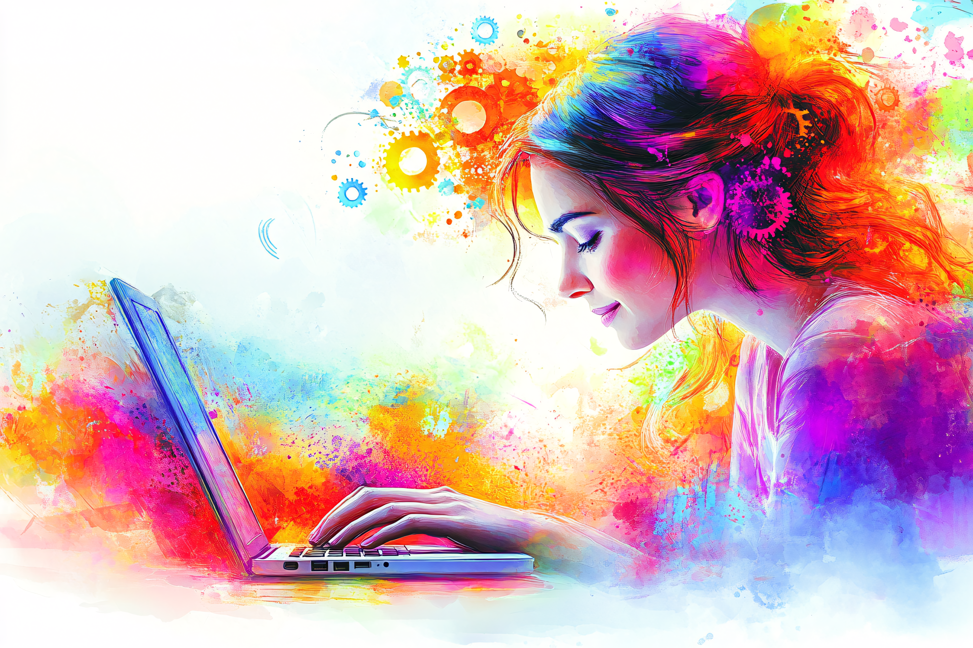 Colorful Digital Woman Working on Laptop