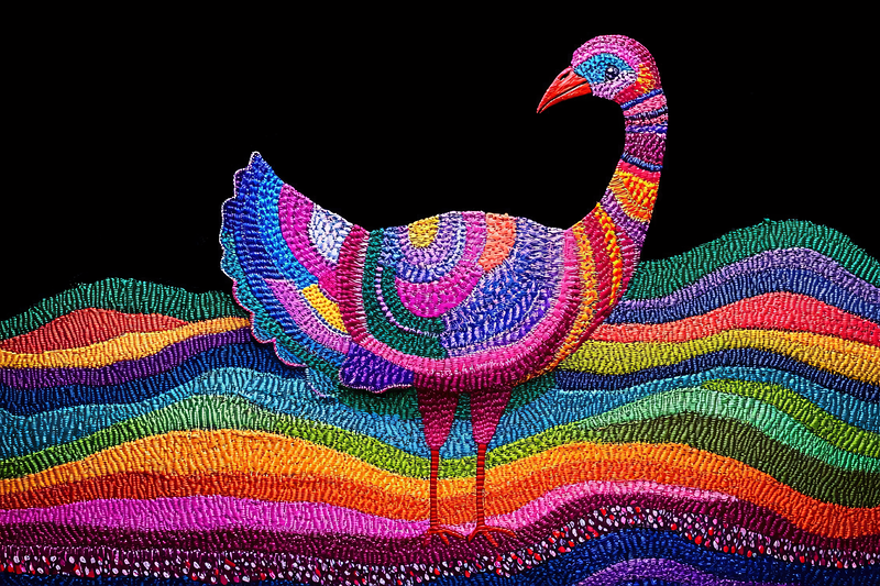 Colorful Embroidered Bird on Rainbow Hills