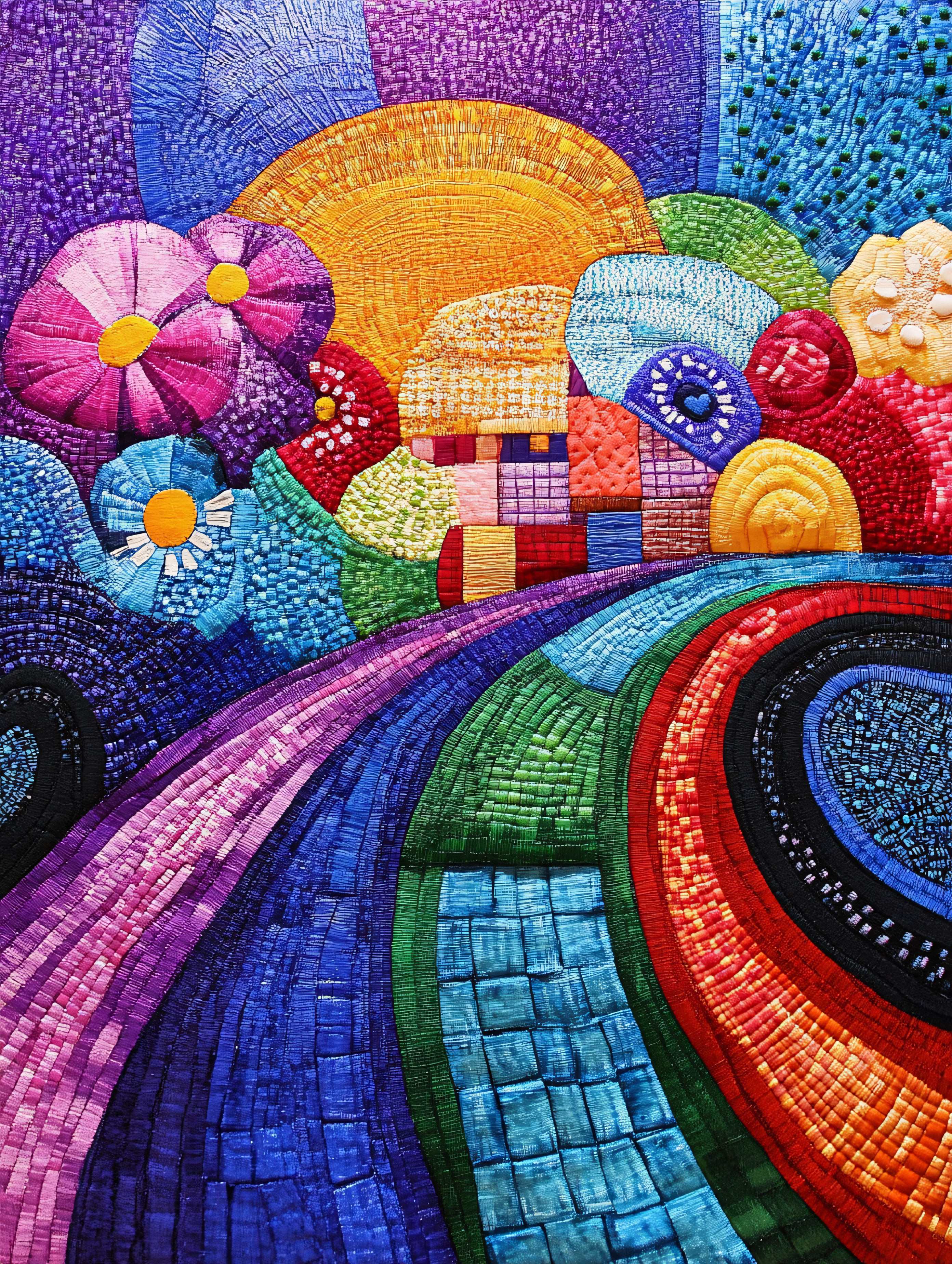 Colorful Embroidered Landscape Scene