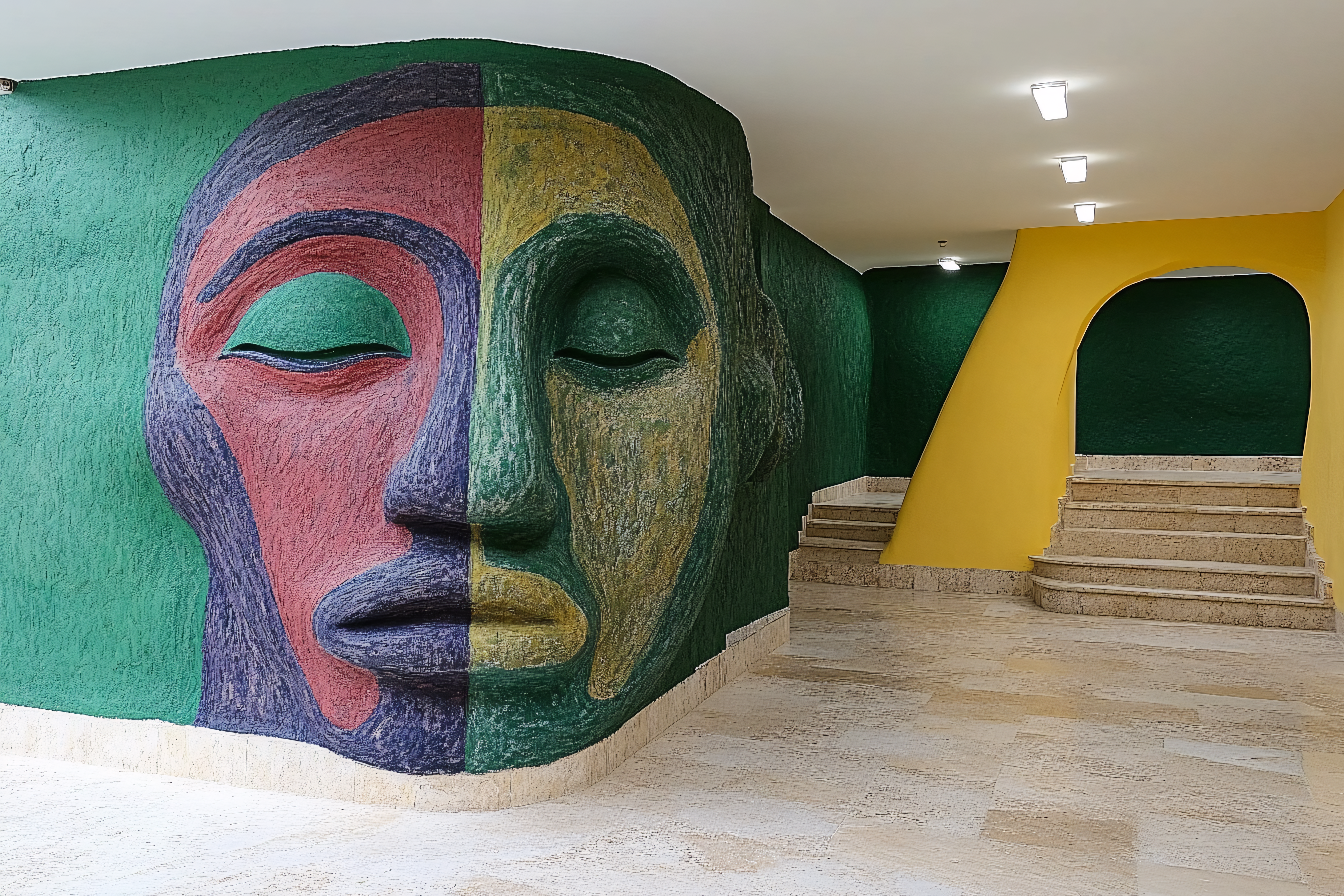 Colorful Face Sculpture on Wall