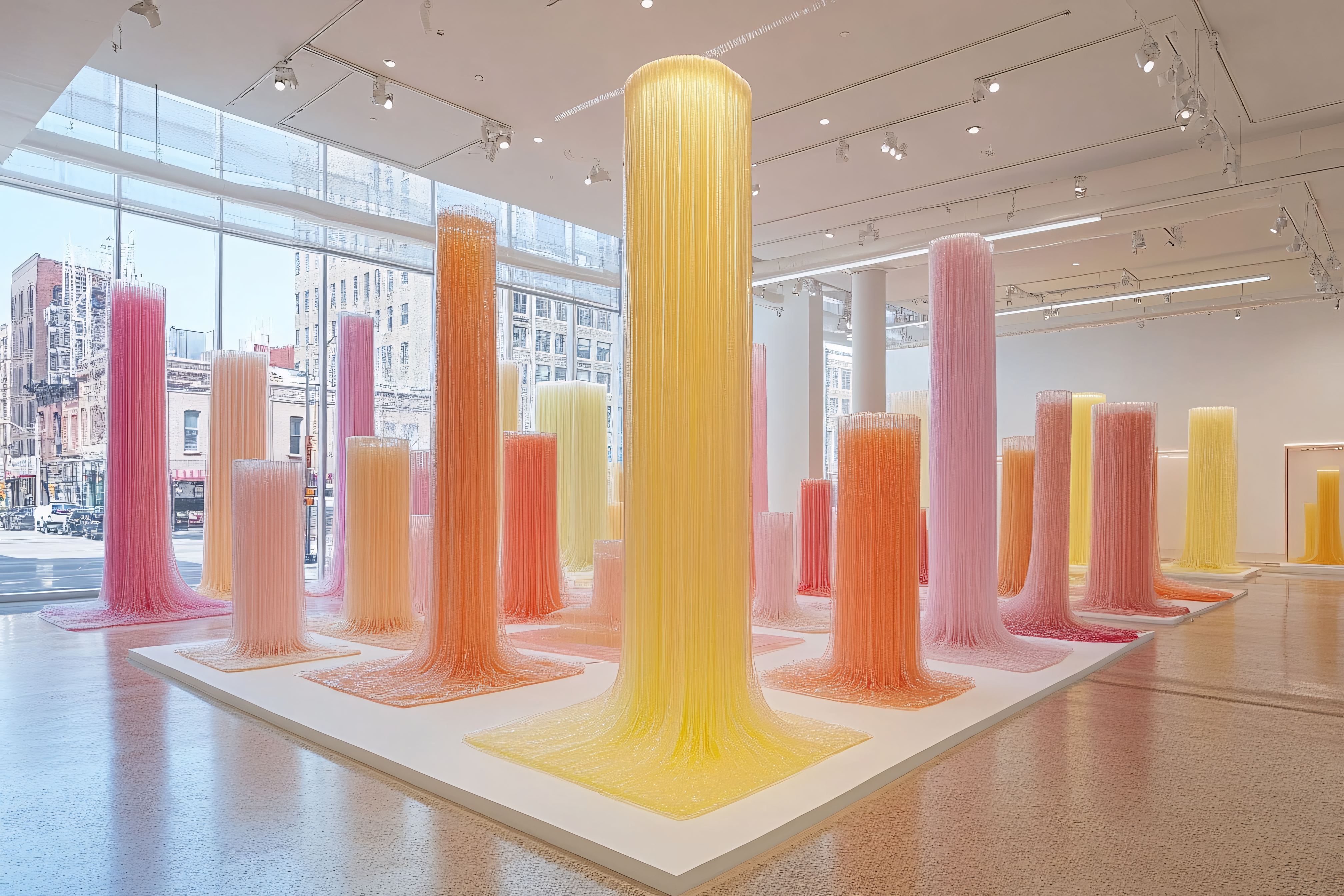 Colorful Fiber Pillars in Art Gallery