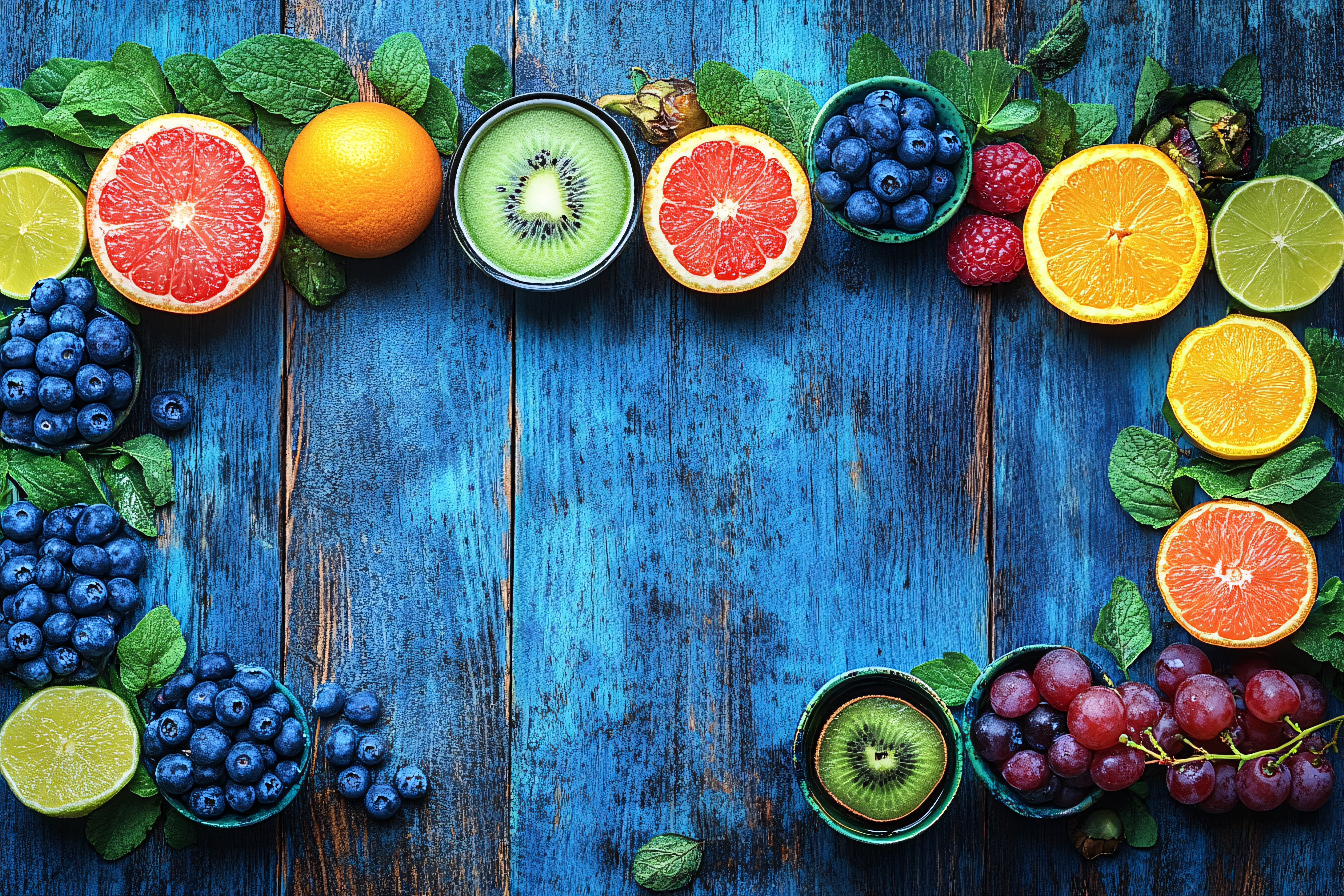 Colorful Fruits and Greens Frame on Rustic Blue Wood