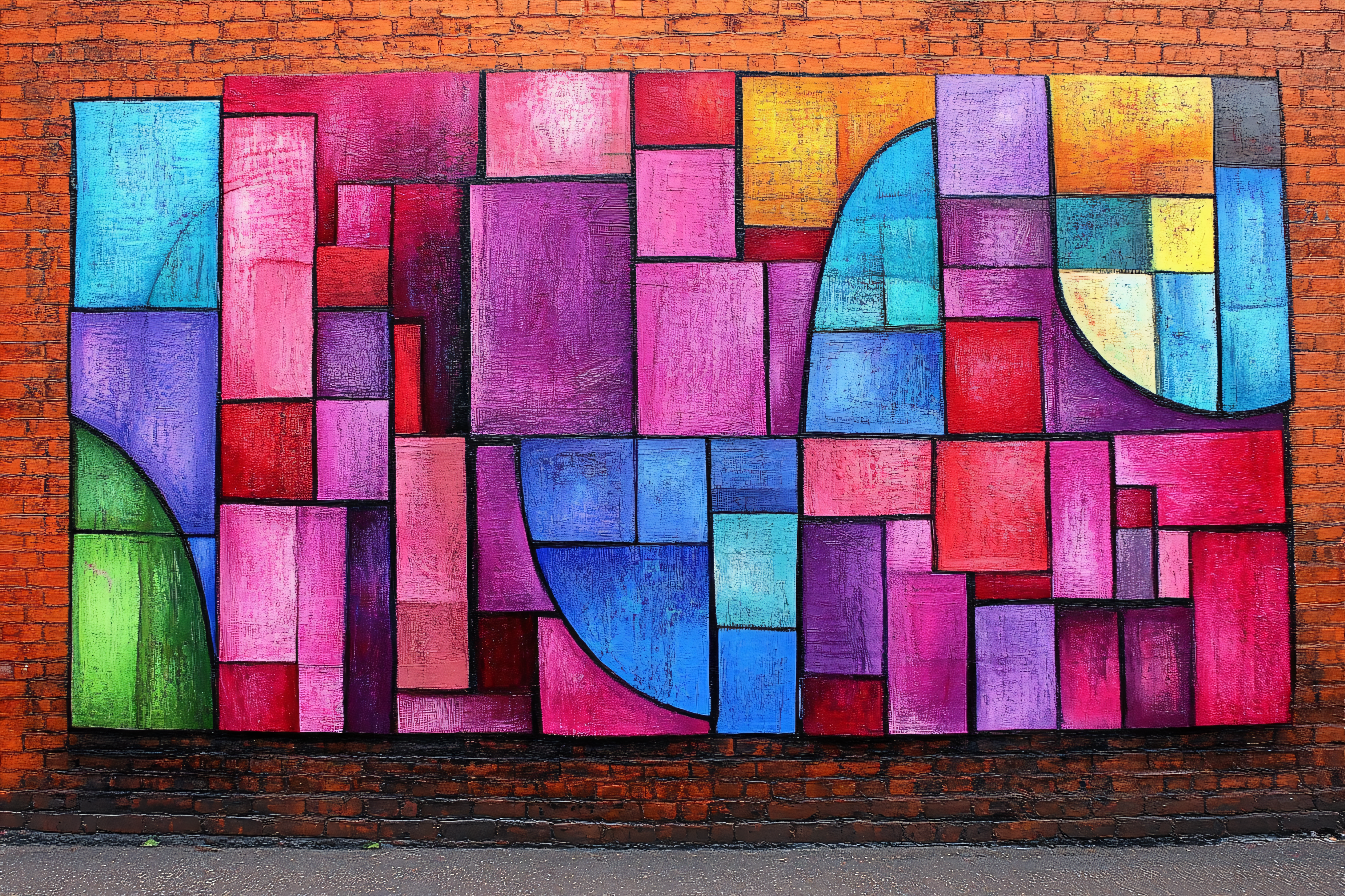 Colorful Geometric Mural on Brick Wall