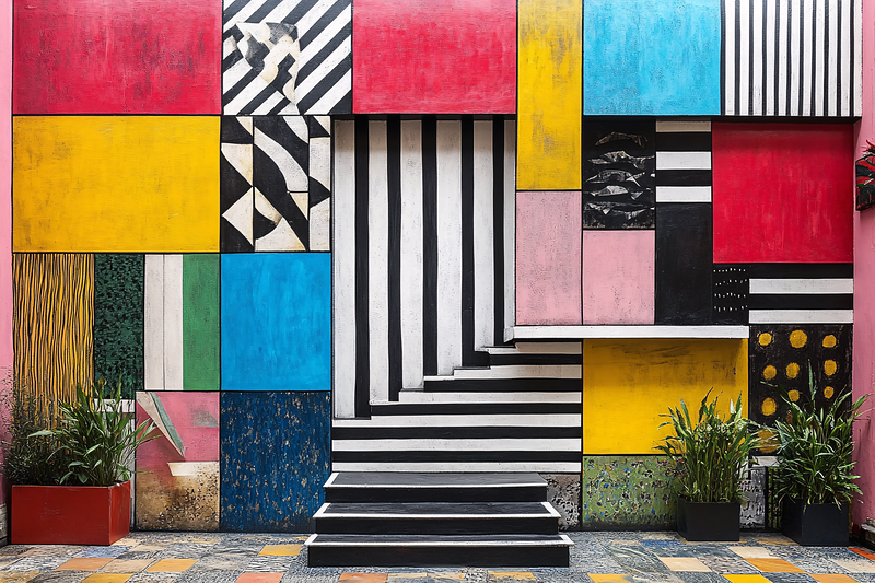 Colorful Geometric Wall With Stairs