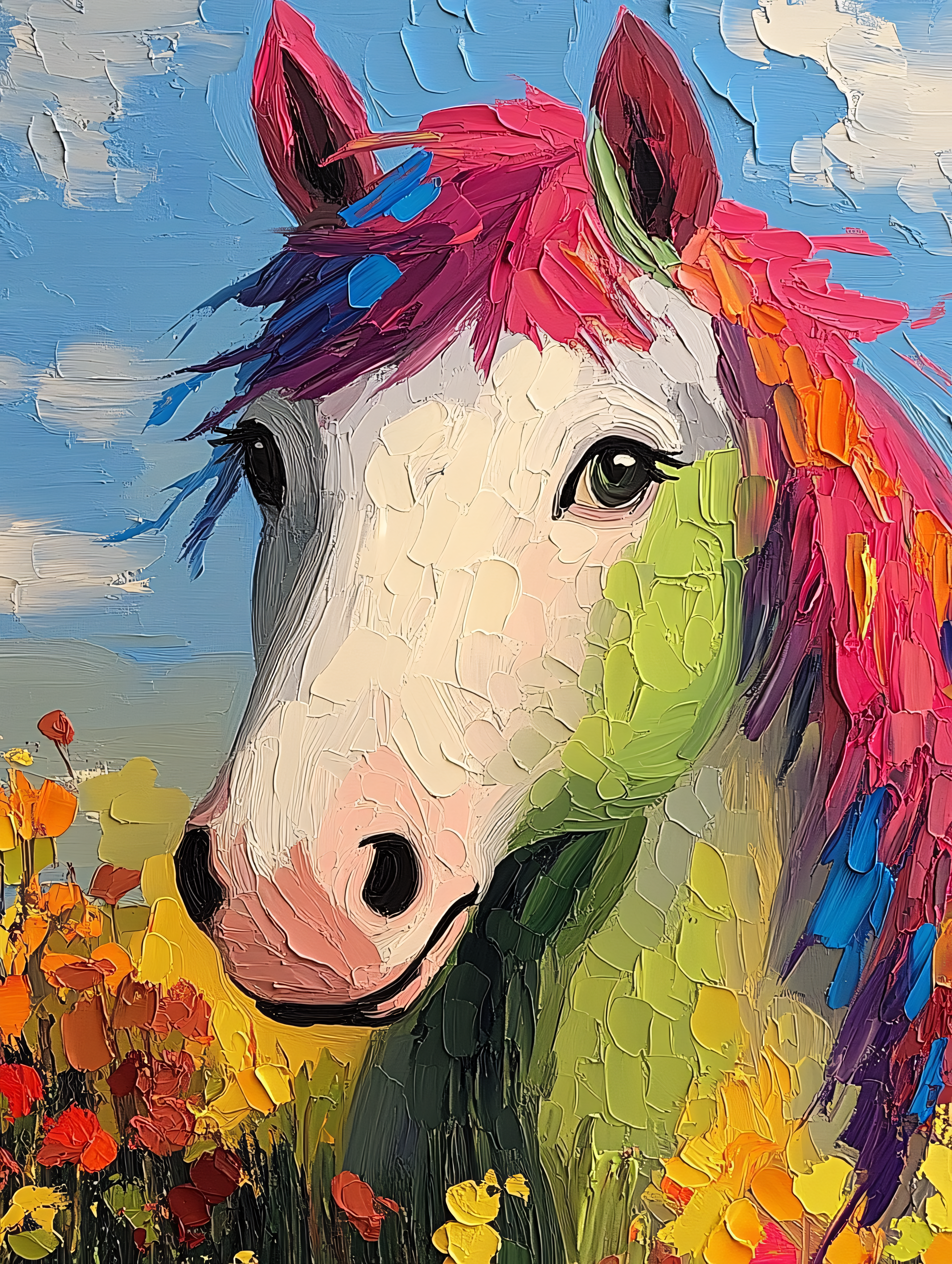 Colorful Horse Head in Flowers Painting