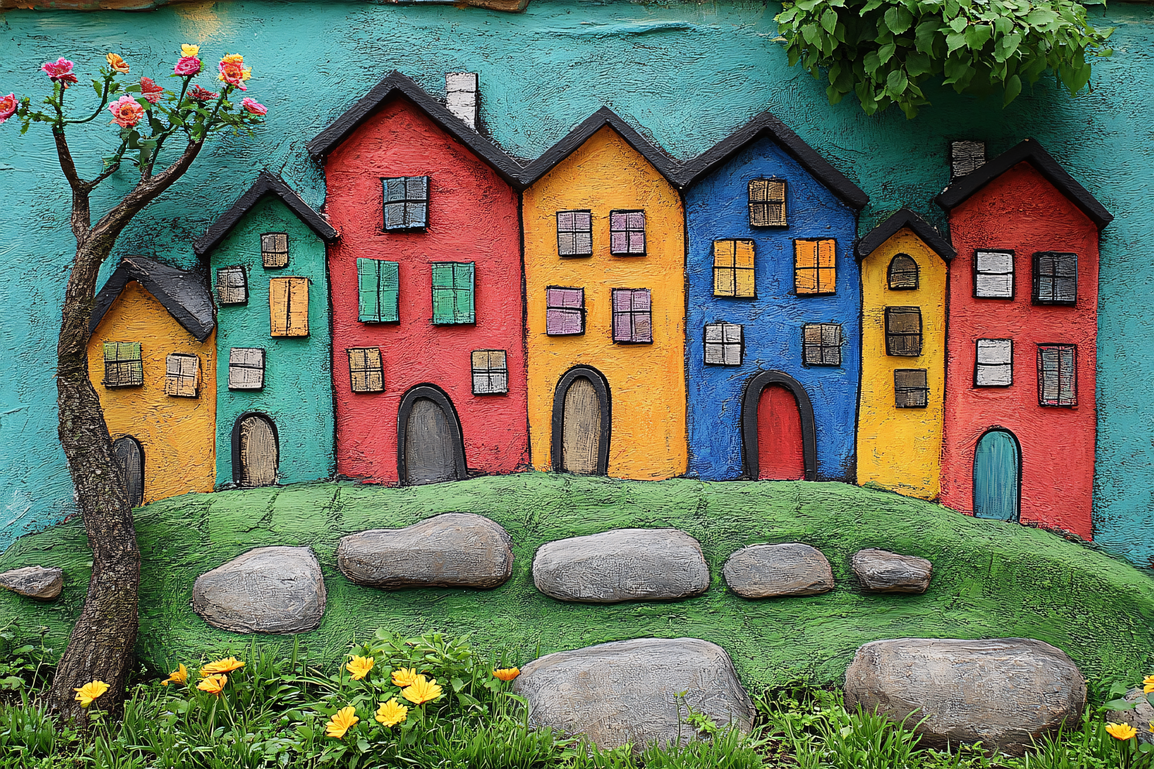 Colorful Houses And Garden Scene