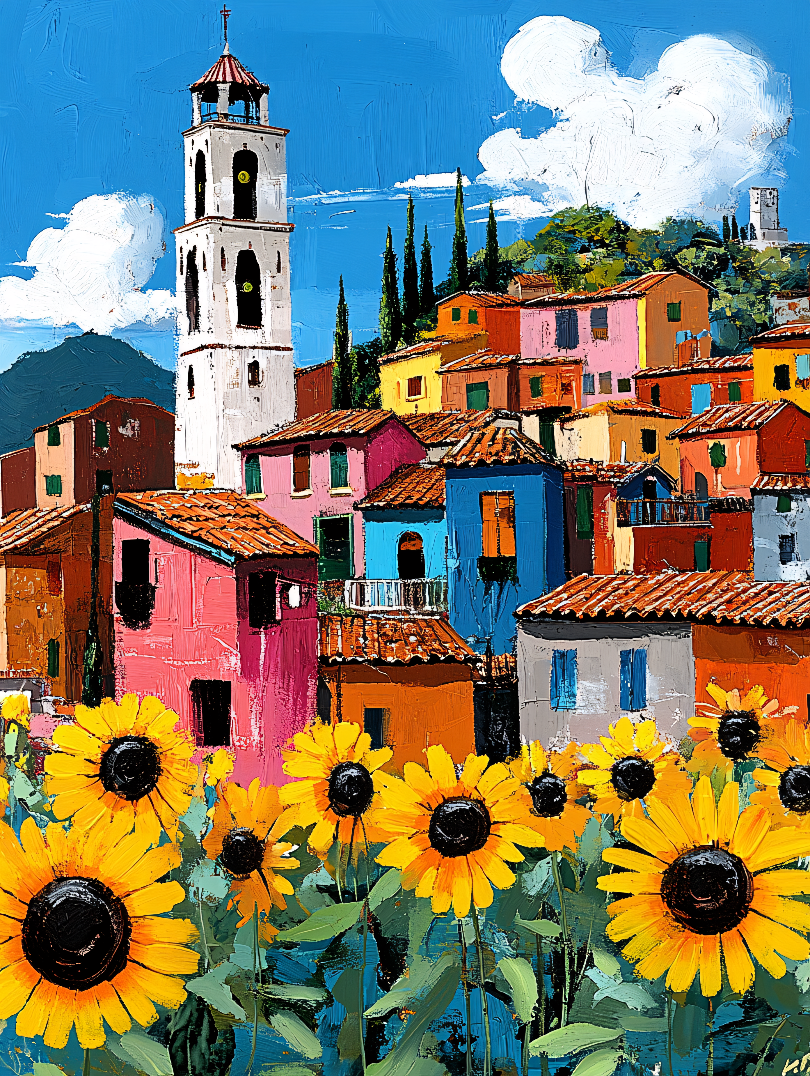 Colorful Italian Village with Sunflowers