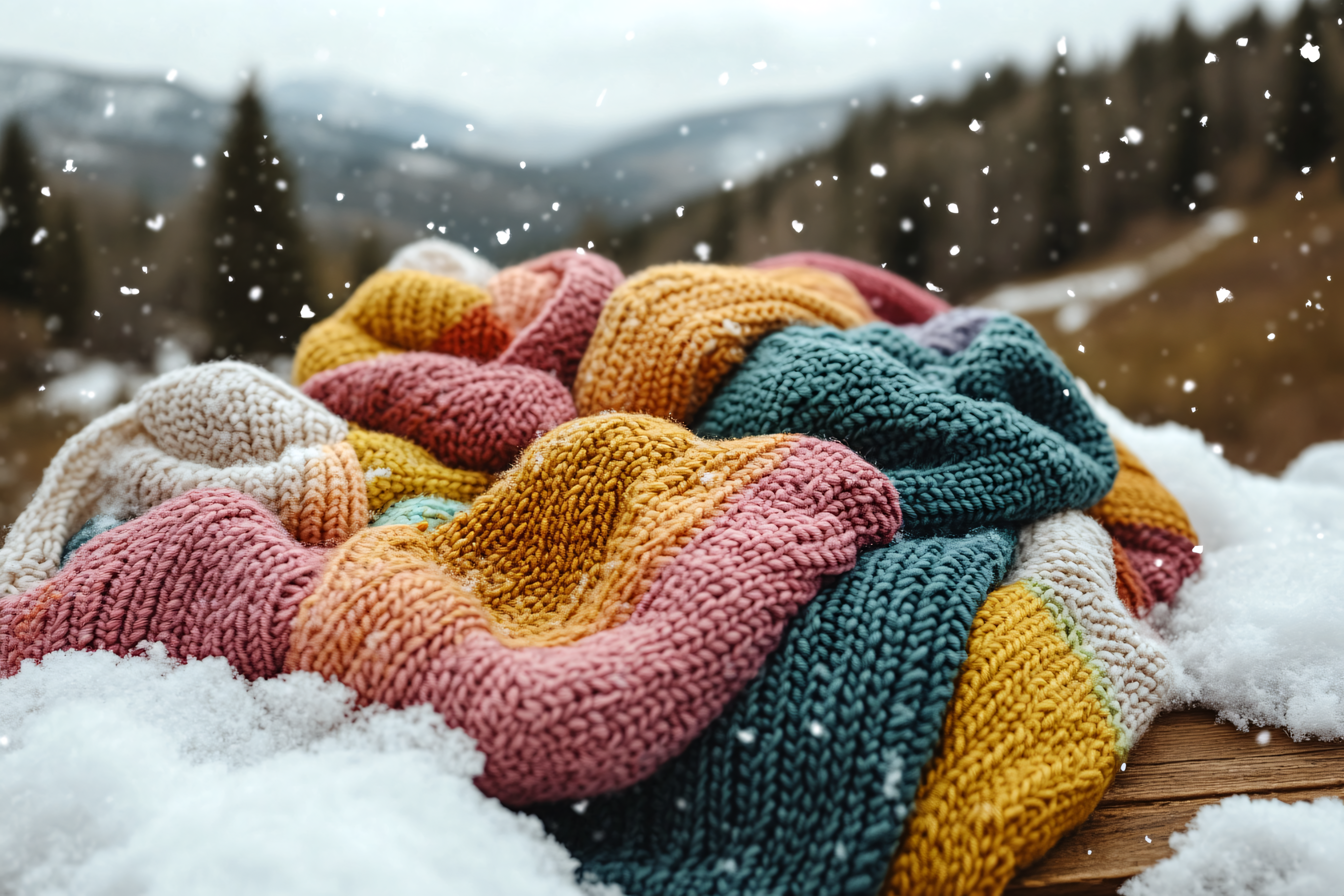 Colorful Knitted Blanket On Snow