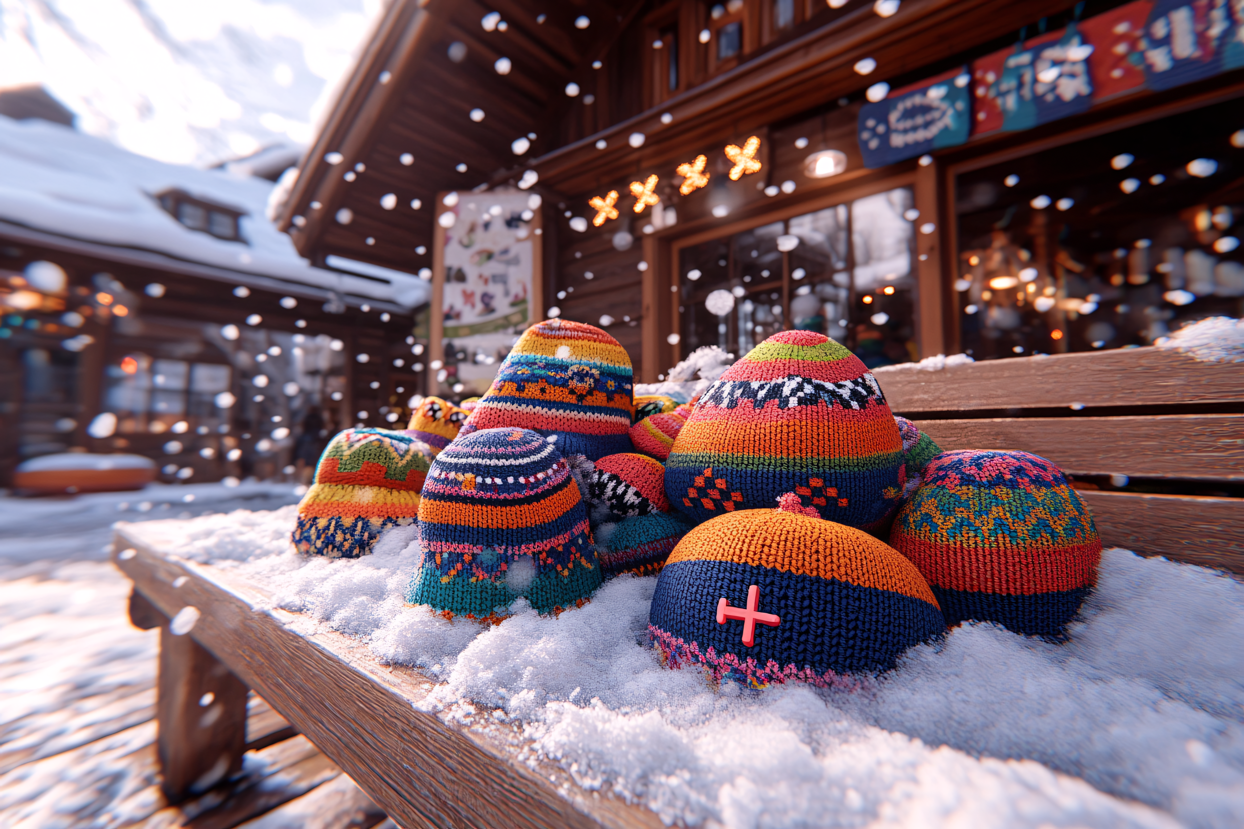 Colorful Knitted Hats In Snowy Winter Scene