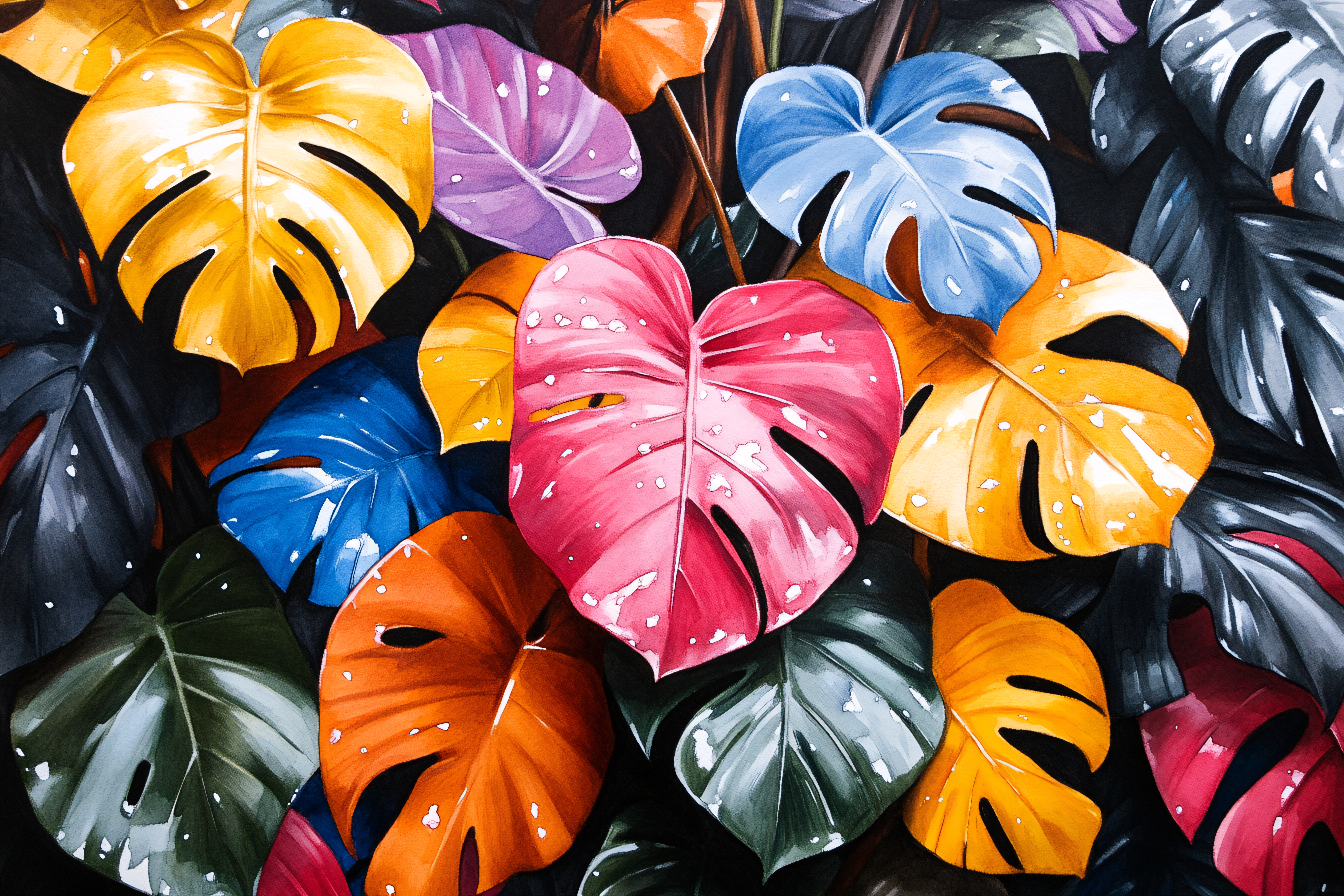 Colorful Monstera Leaves Painting