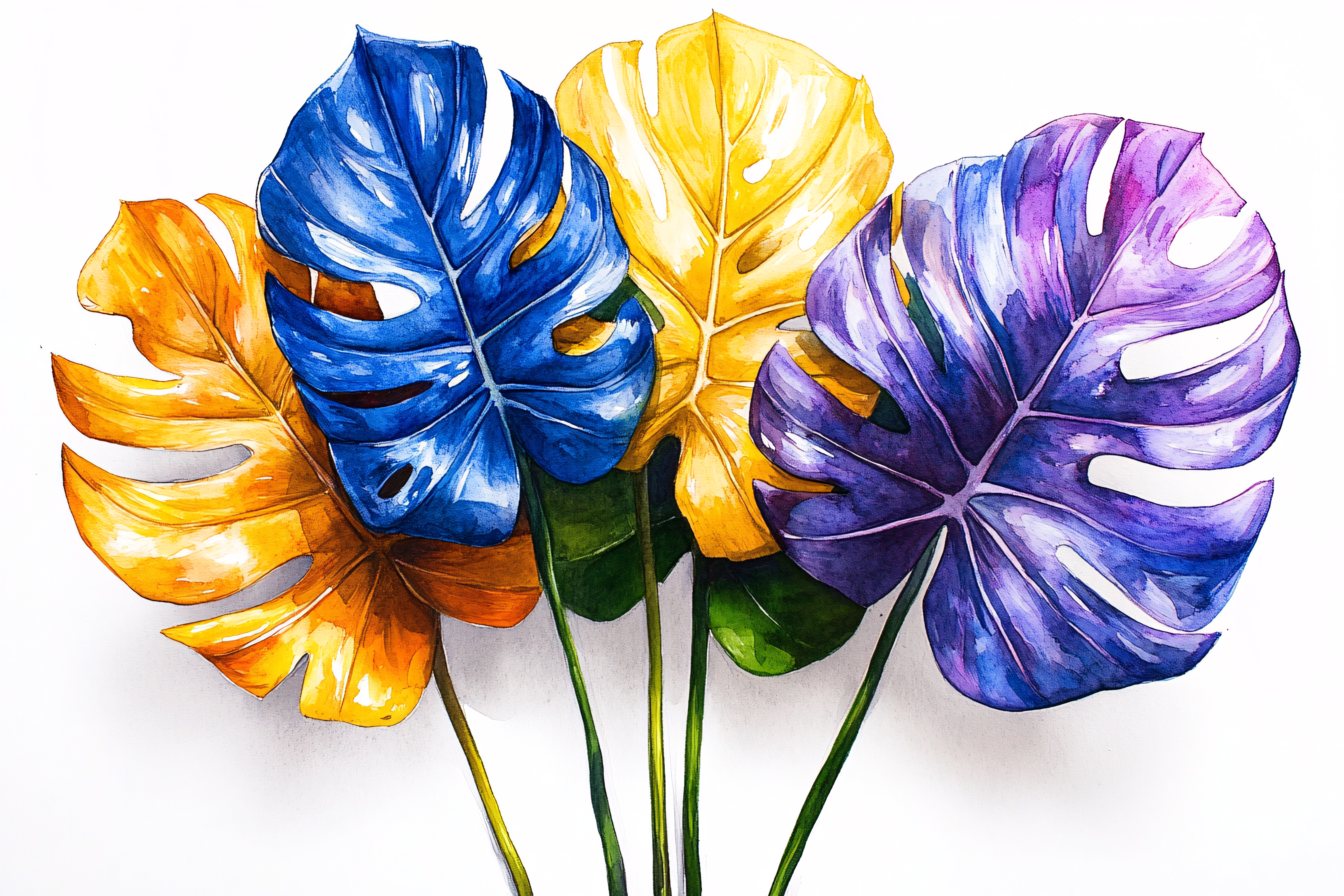 Colorful Monstera Leaves Watercolor