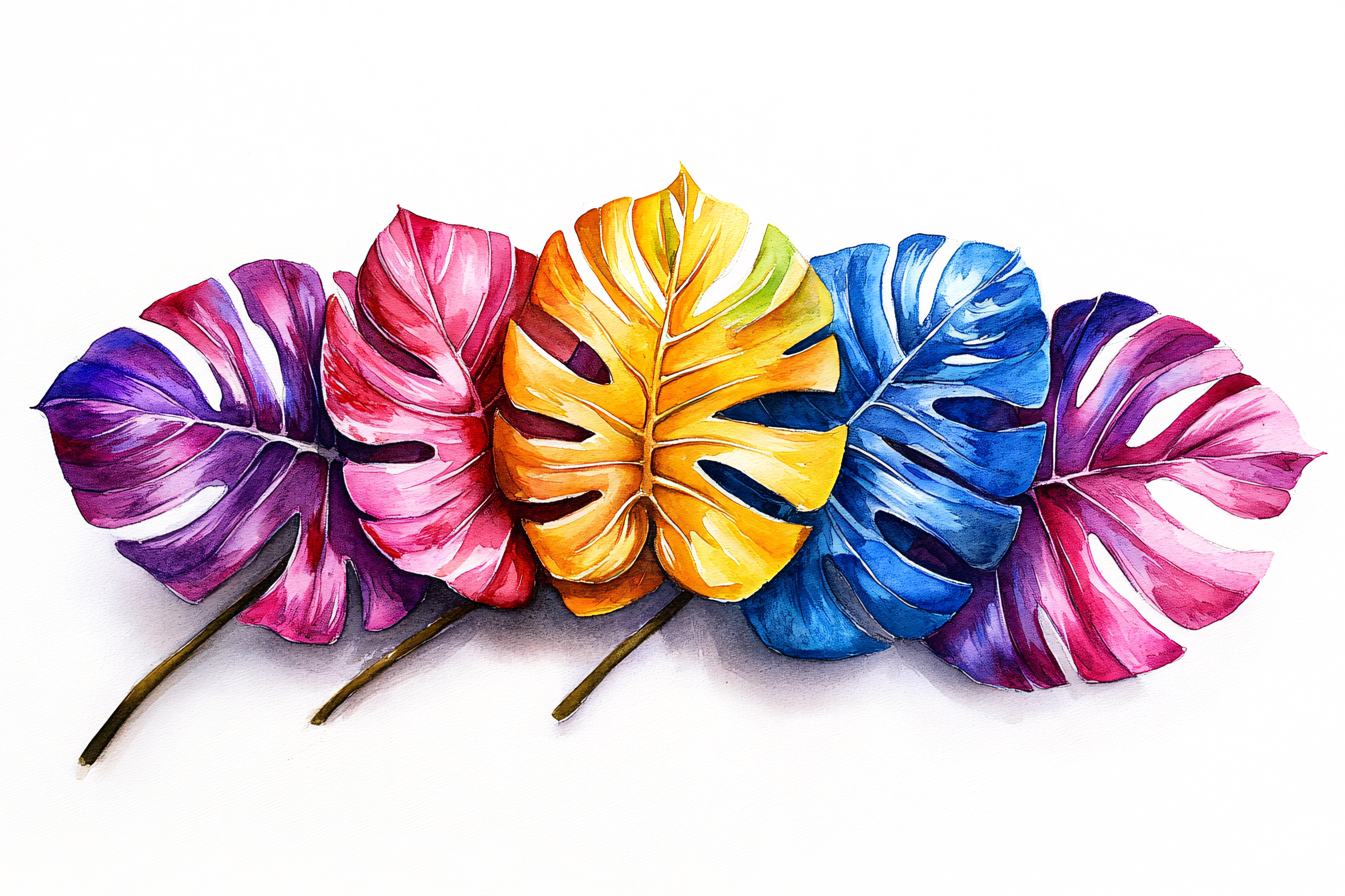 Colorful Monstera Leaves Watercolor