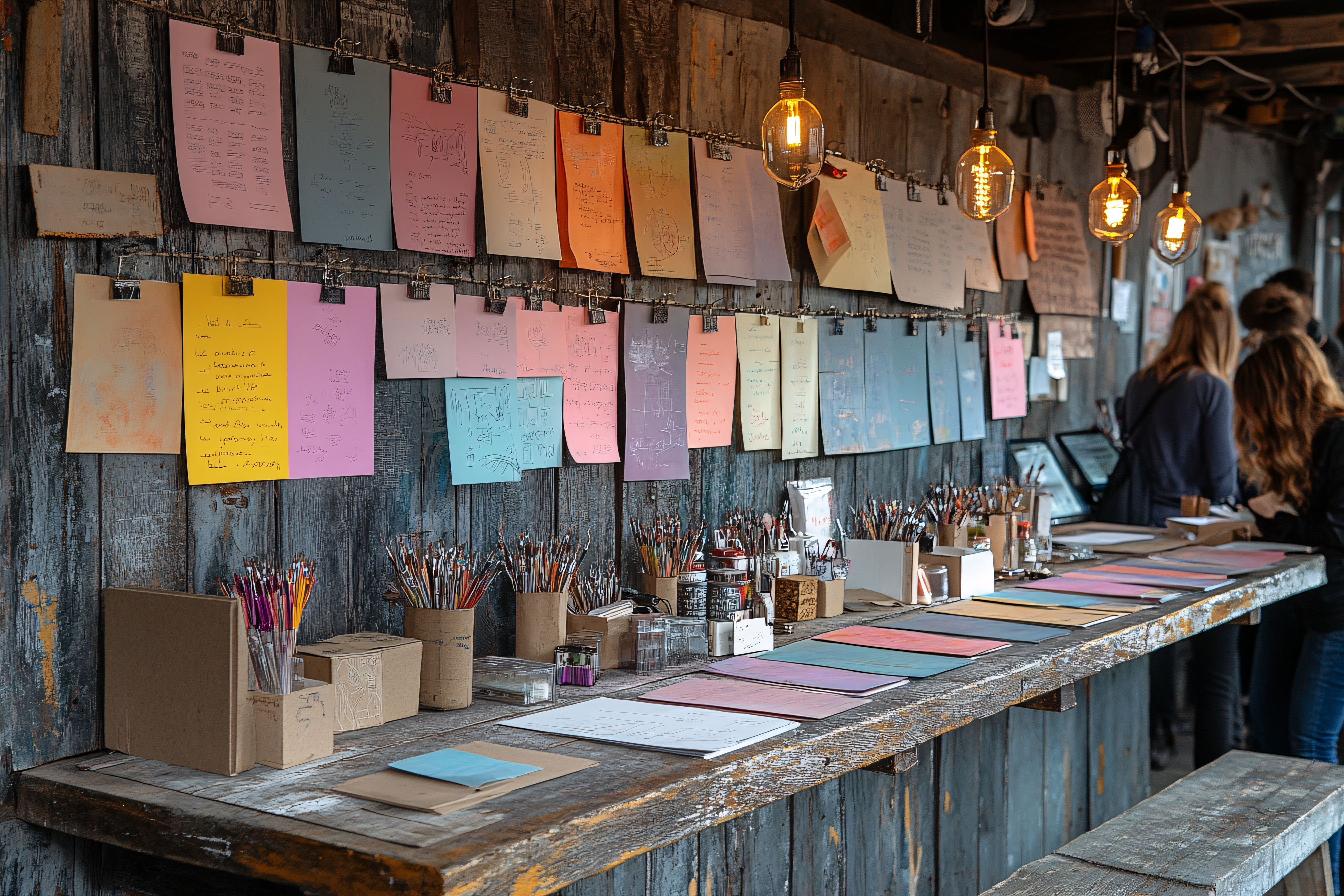 Colorful Papers And Art Supplies On Wooden Table