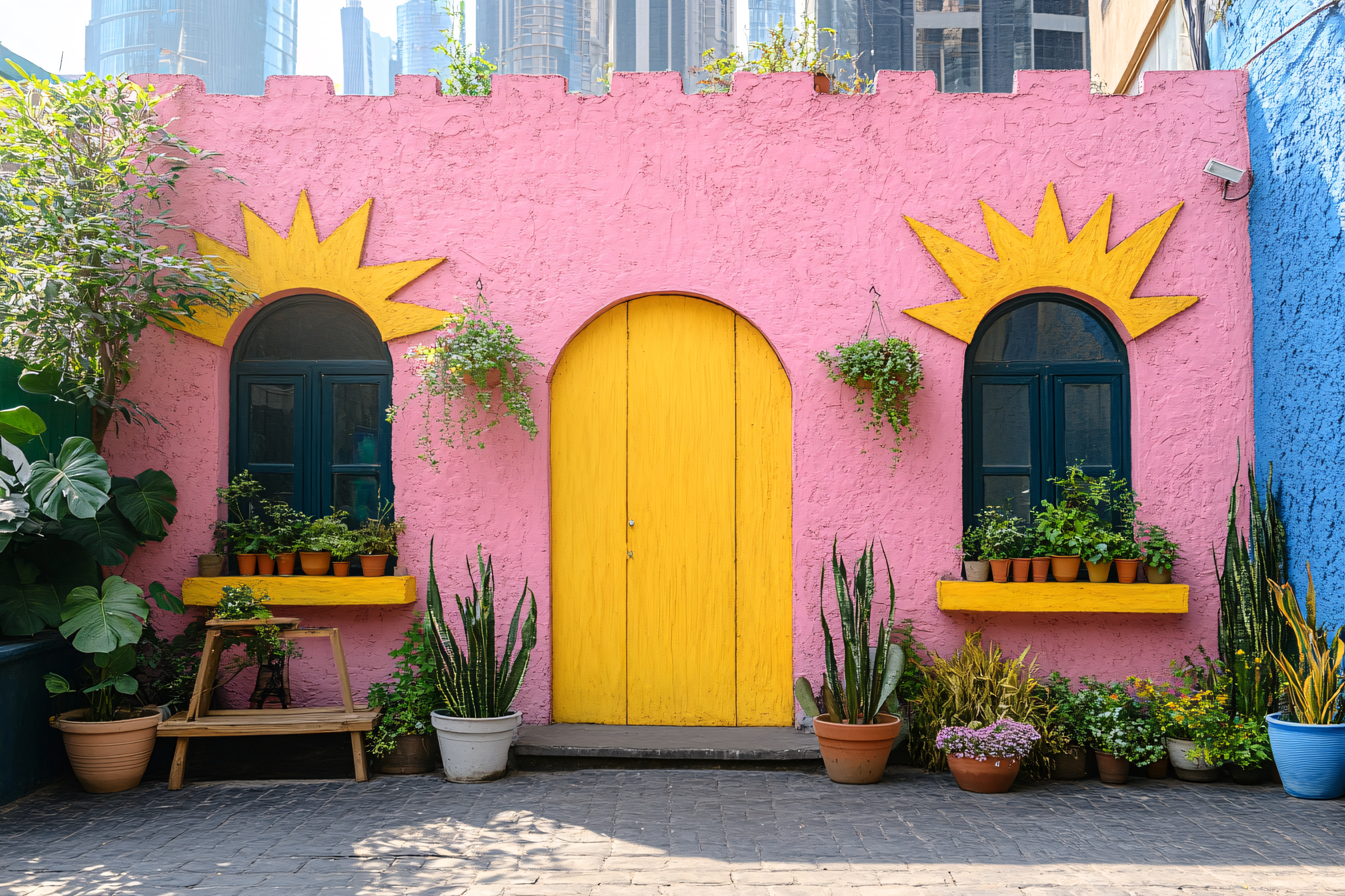 Colorful Pink Facade With Yellow Door And Sun Windows