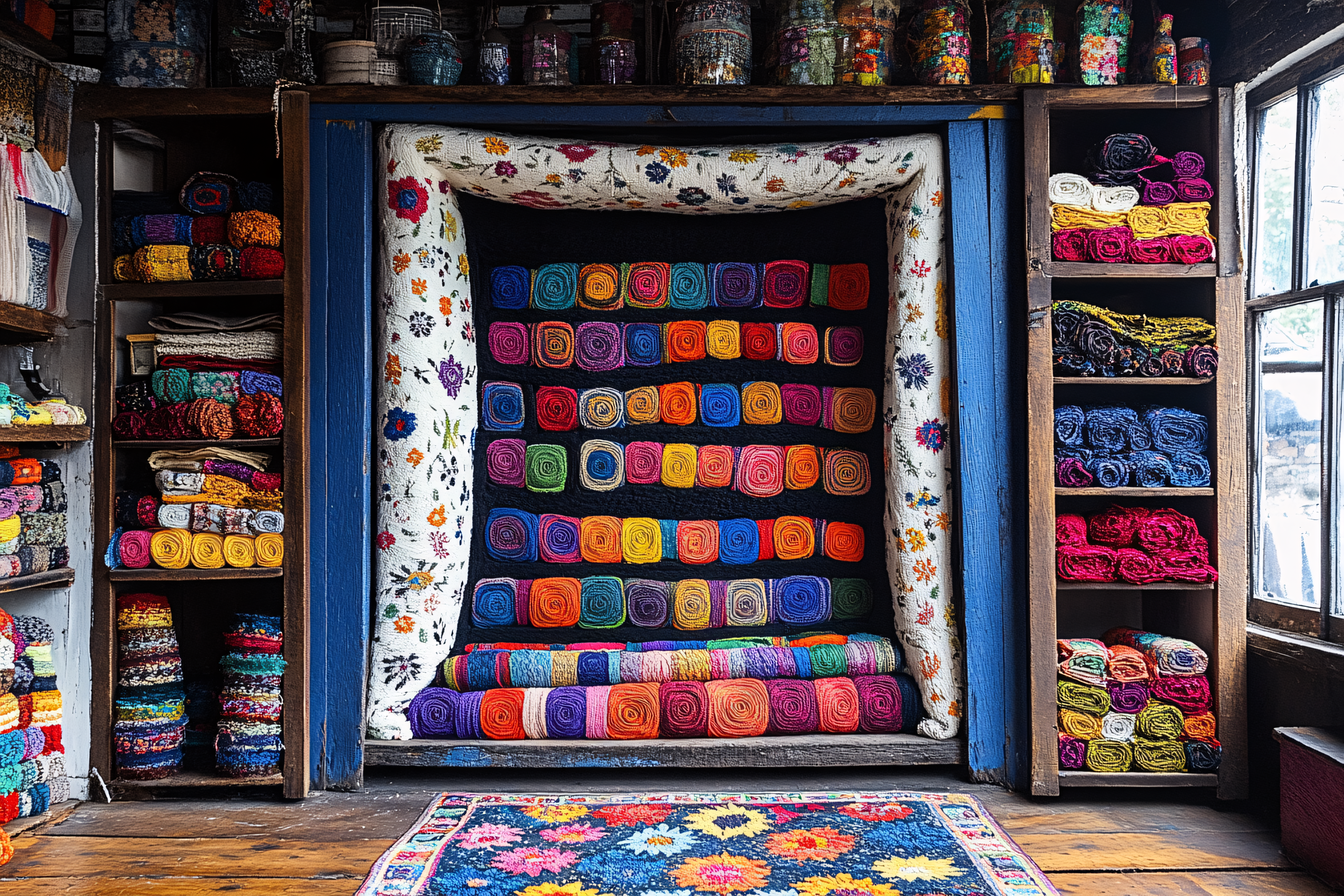 Colorful Rolled Textiles Displayed In Wooden Shelves