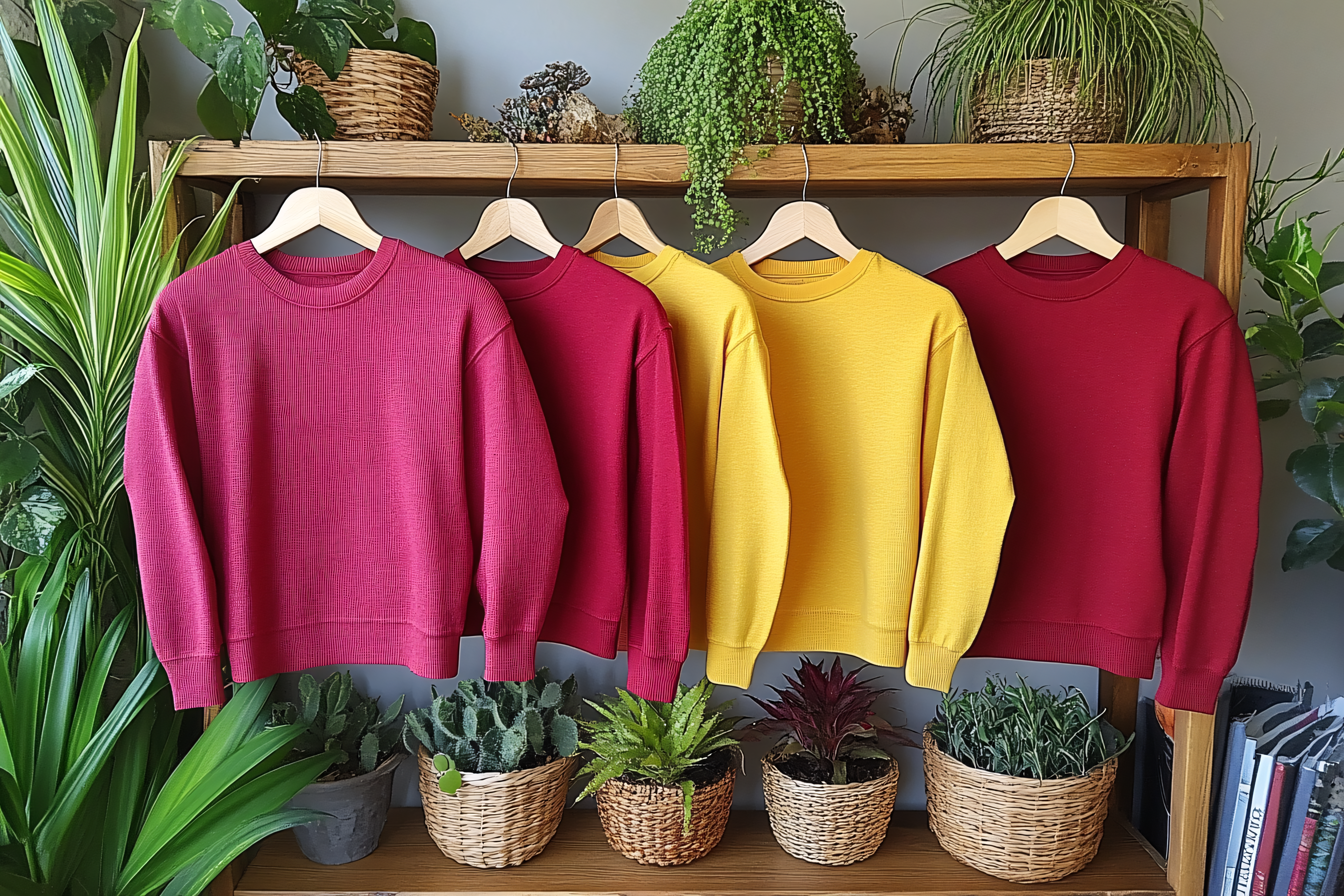 Colorful Sweatshirts Displayed On Wooden Rack