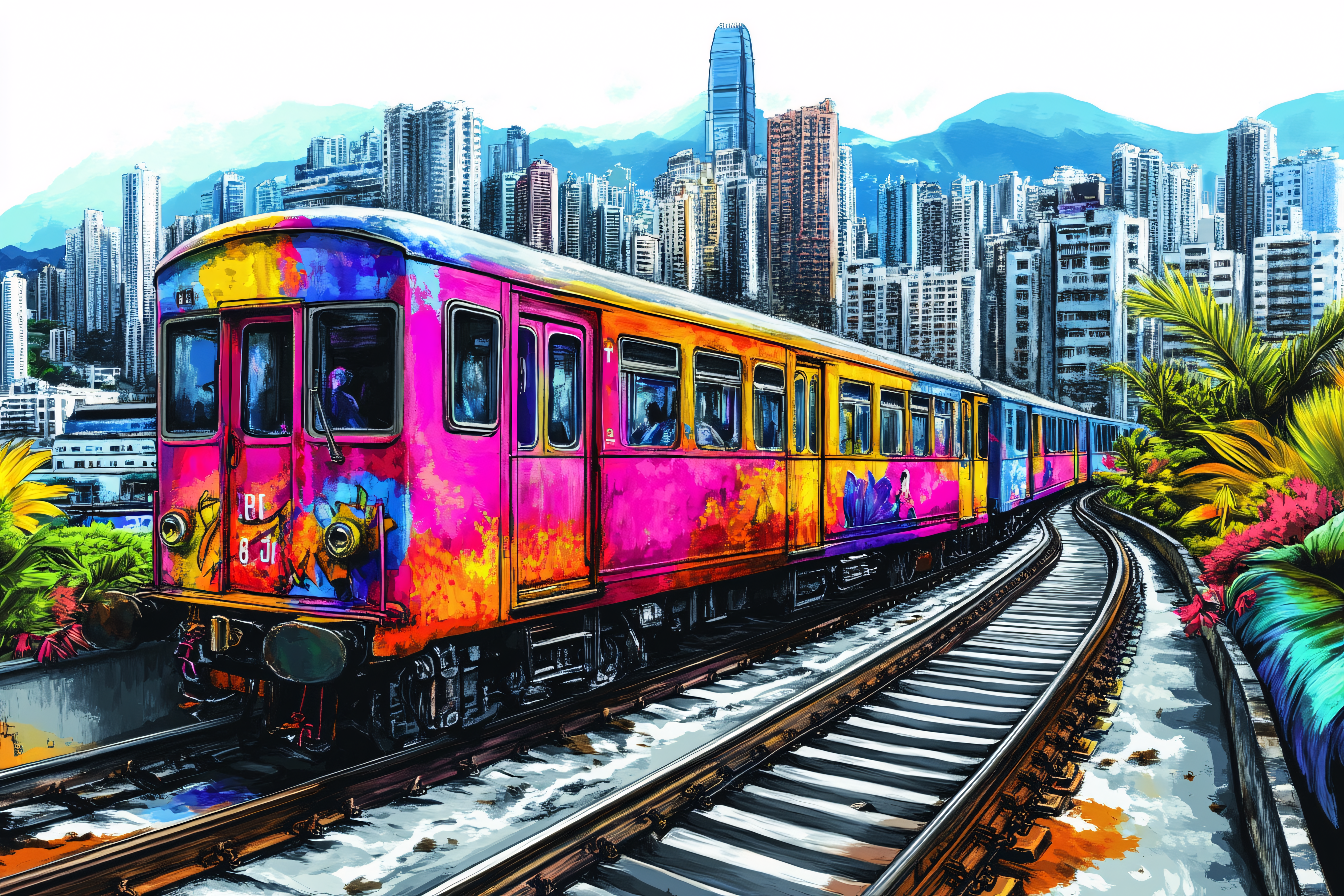 Colorful Train In Cityscape