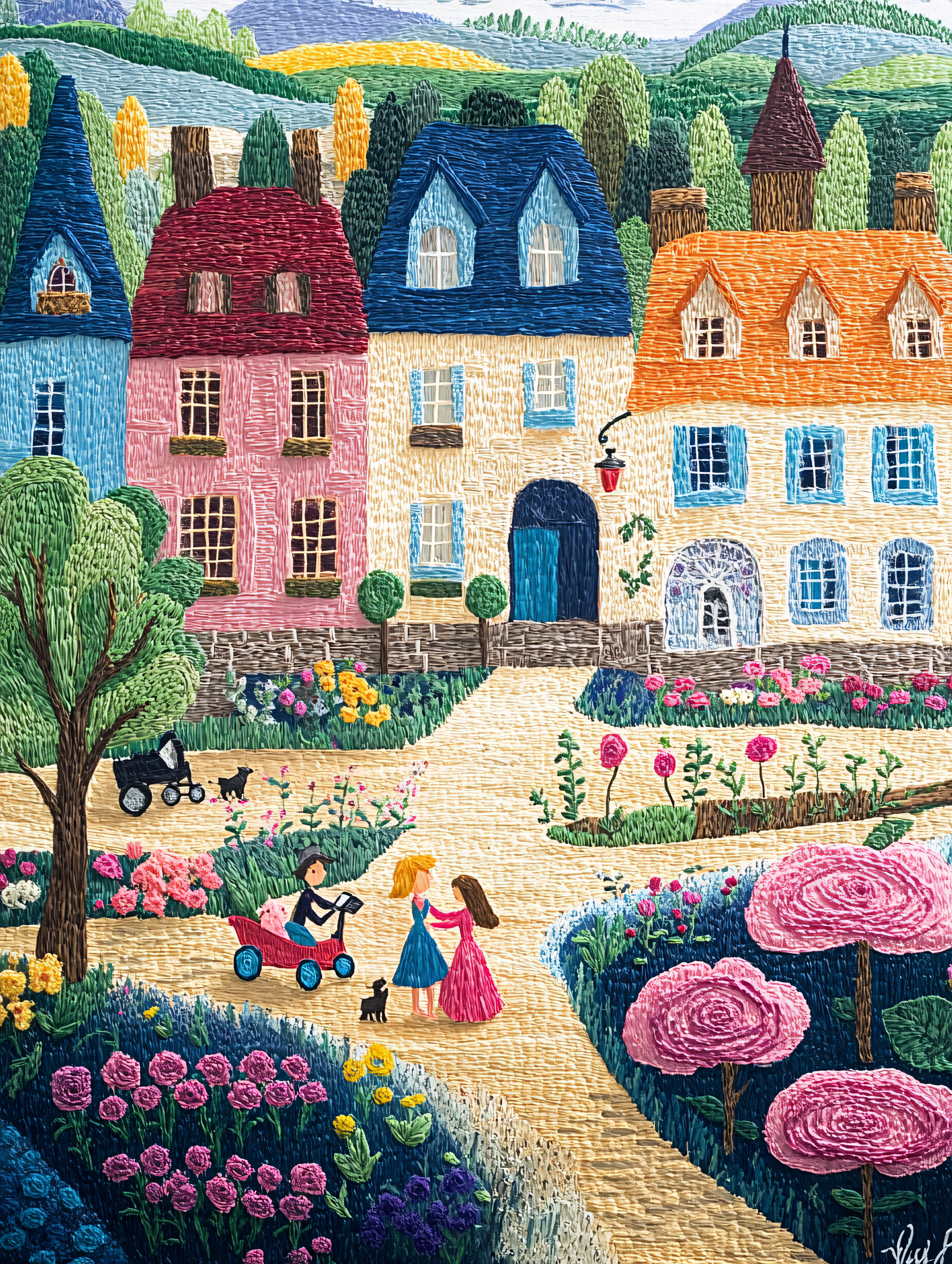 Colorful Village Embroidery Art