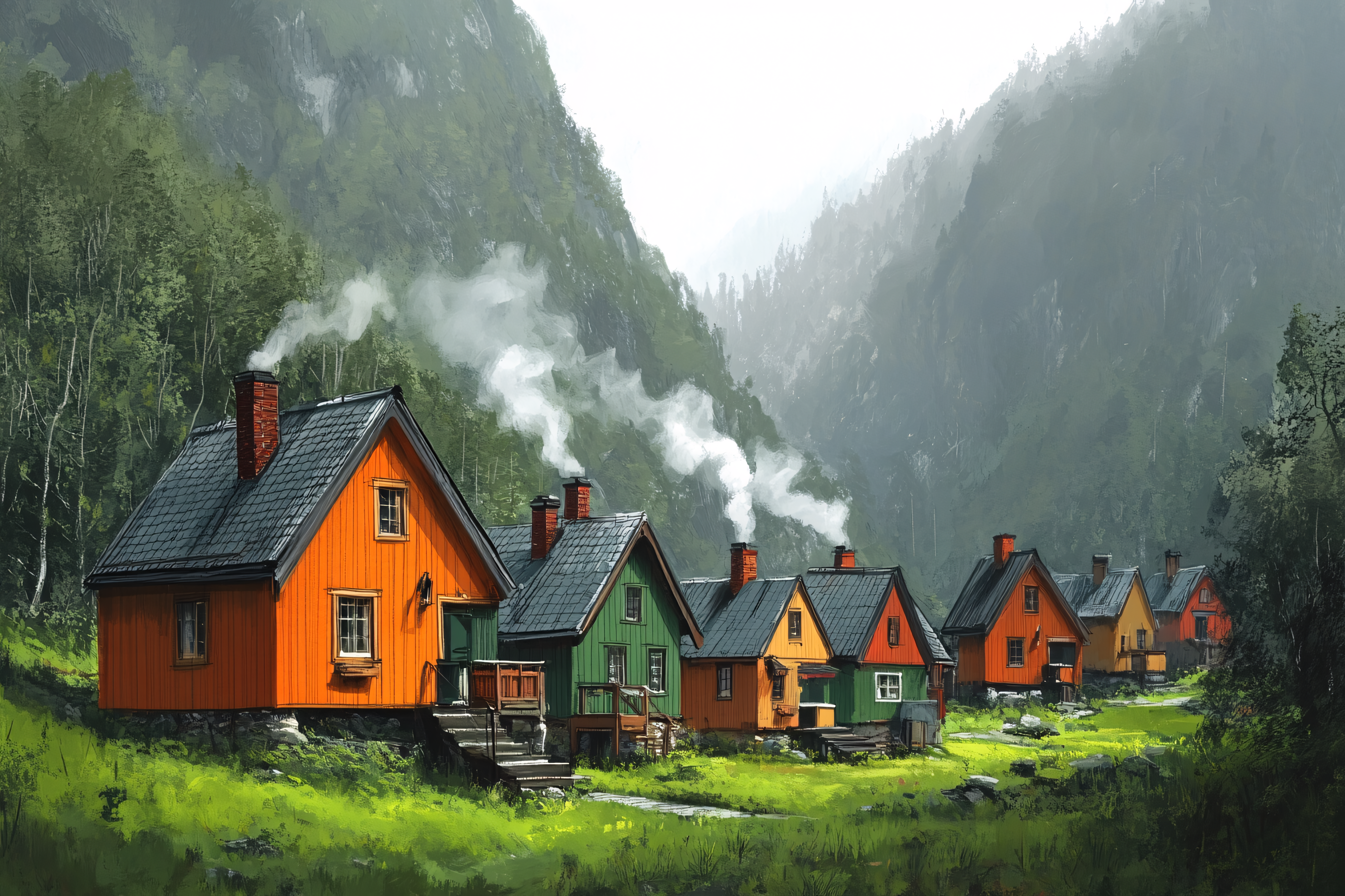 Colorful Village in Misty Mountains