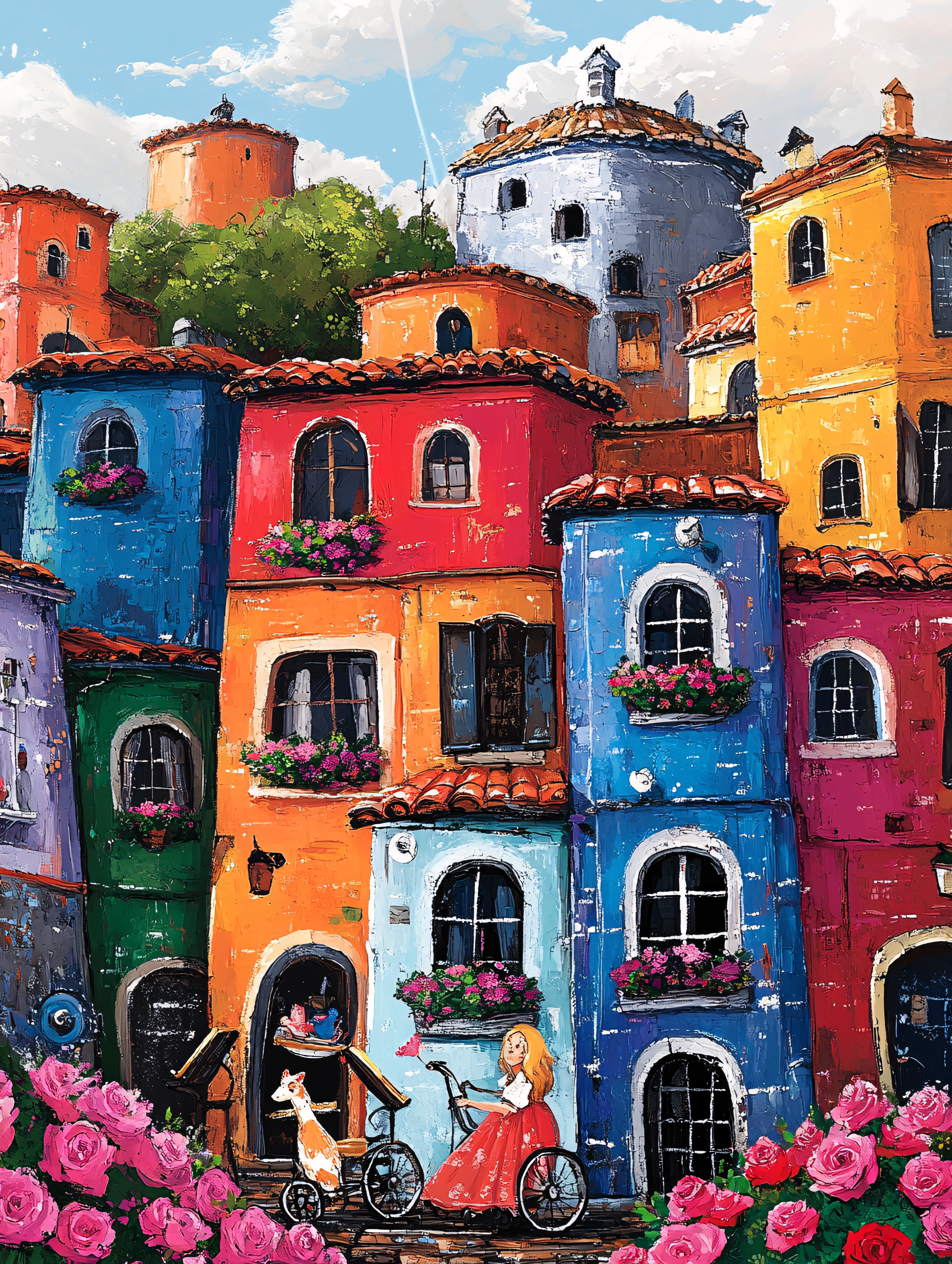Colorful Village Scene With Girl And Dog