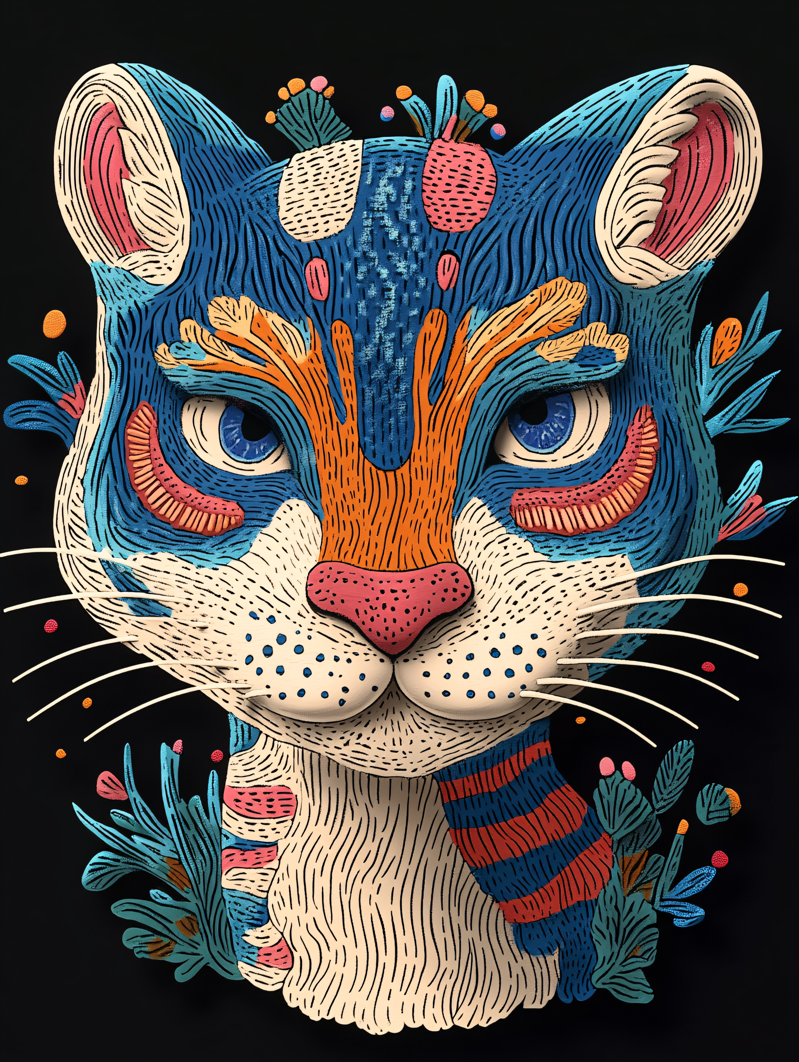 Colorful Woodcut Style Cat Portrait