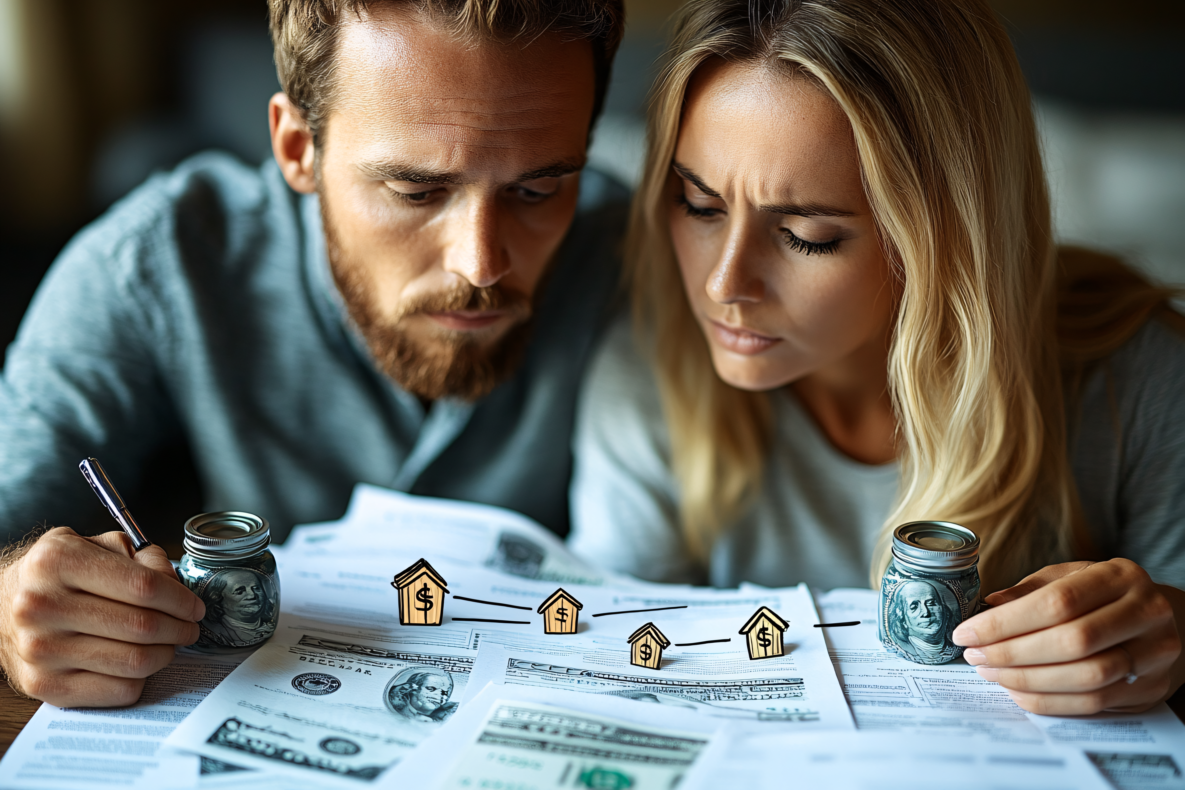 Concerned Couple Planning Finances with Money Jars and House Icons