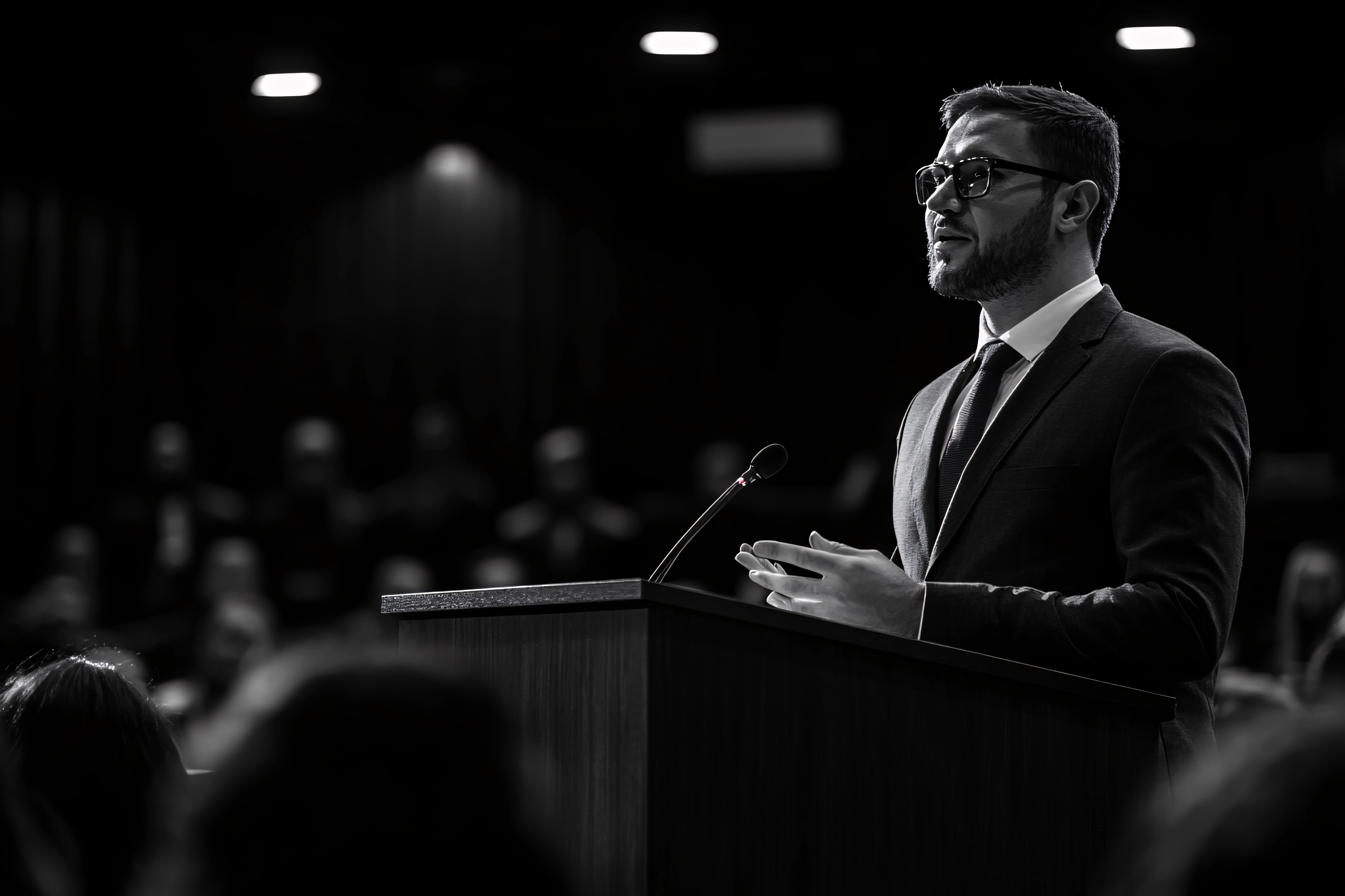 Confident Businessman Delivering Speech At Podium