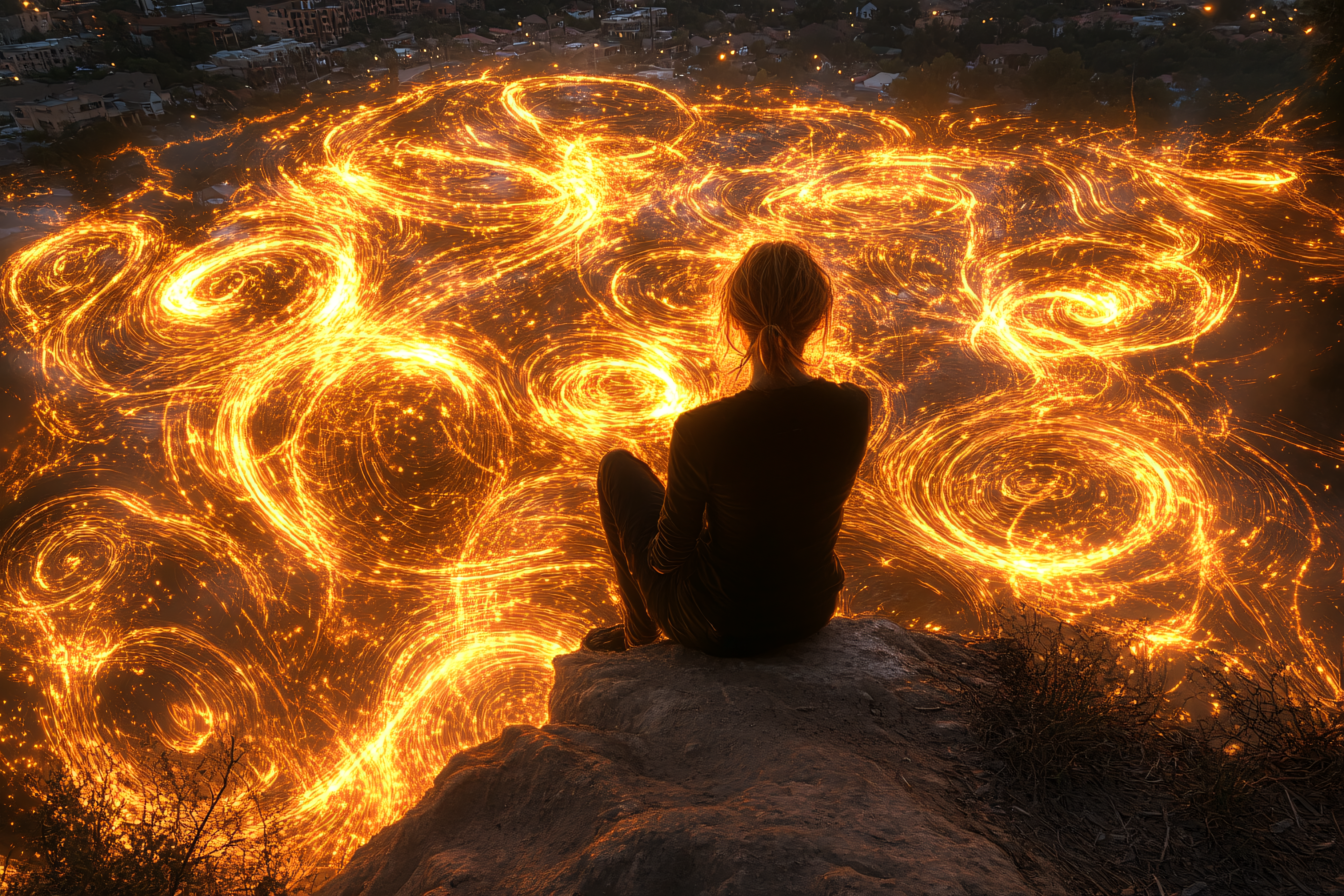 Contemplation Amidst Swirling Lights