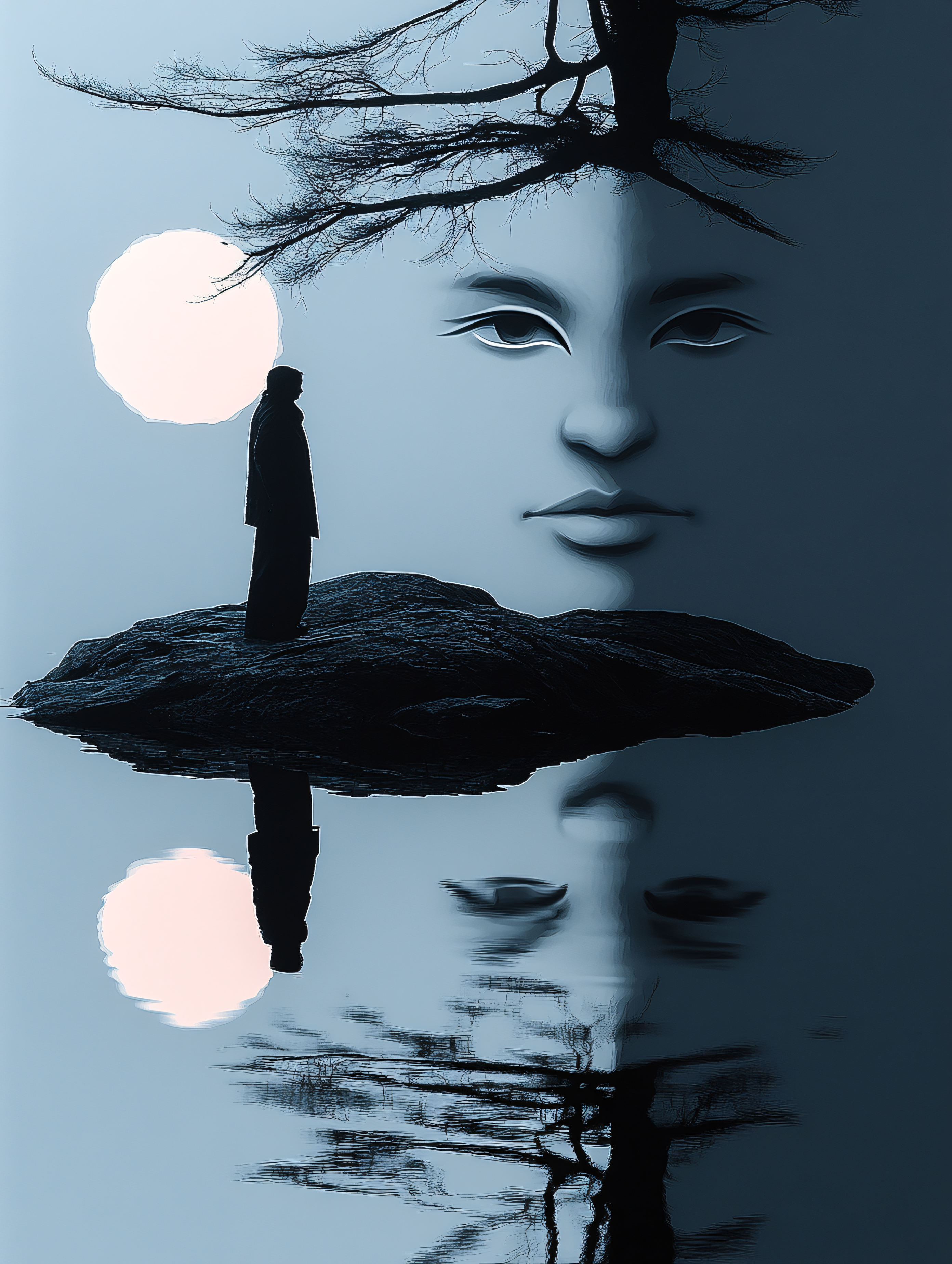 Contemplative Figure and Celestial Face