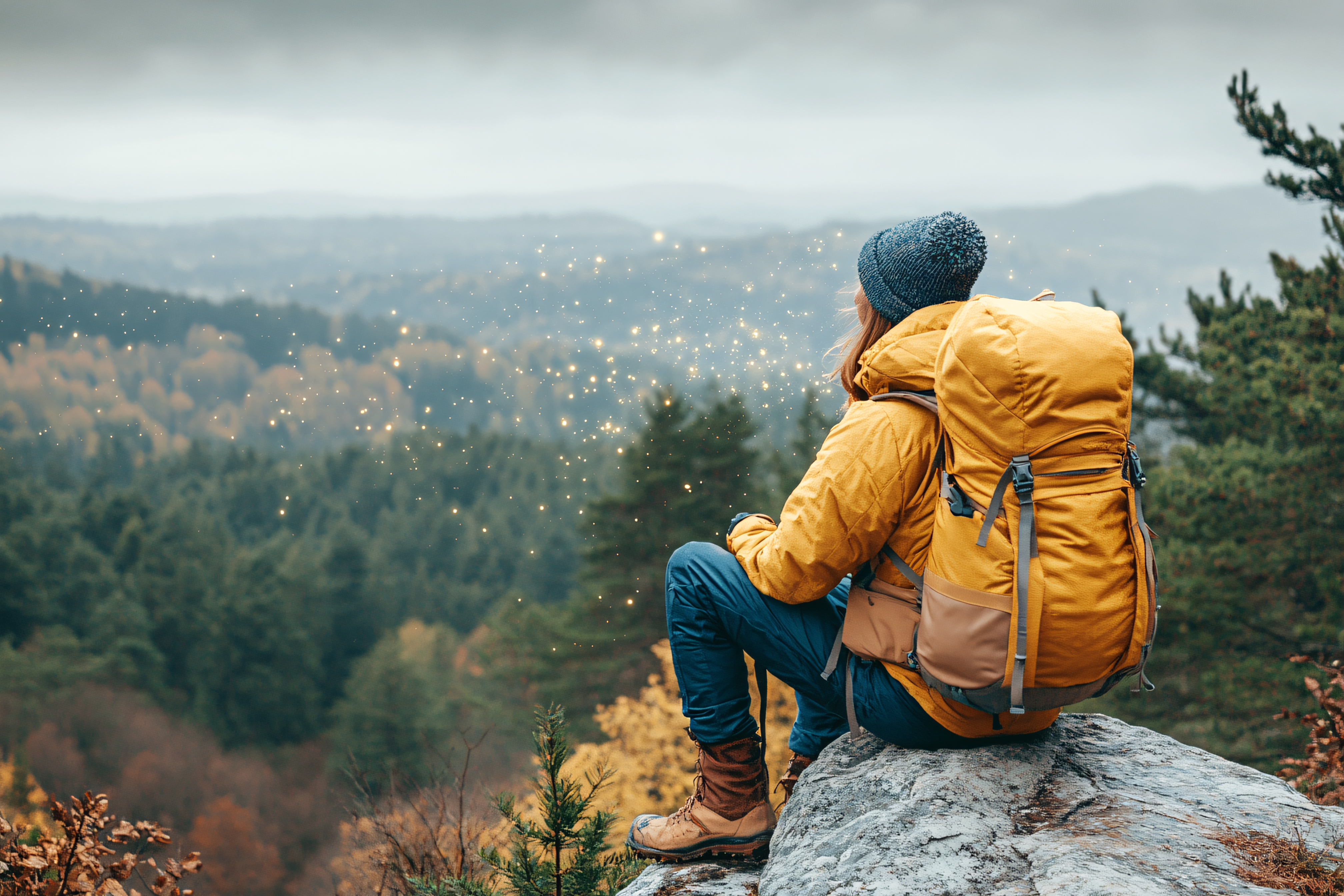 Contemplative Hiker on Mountain Peak