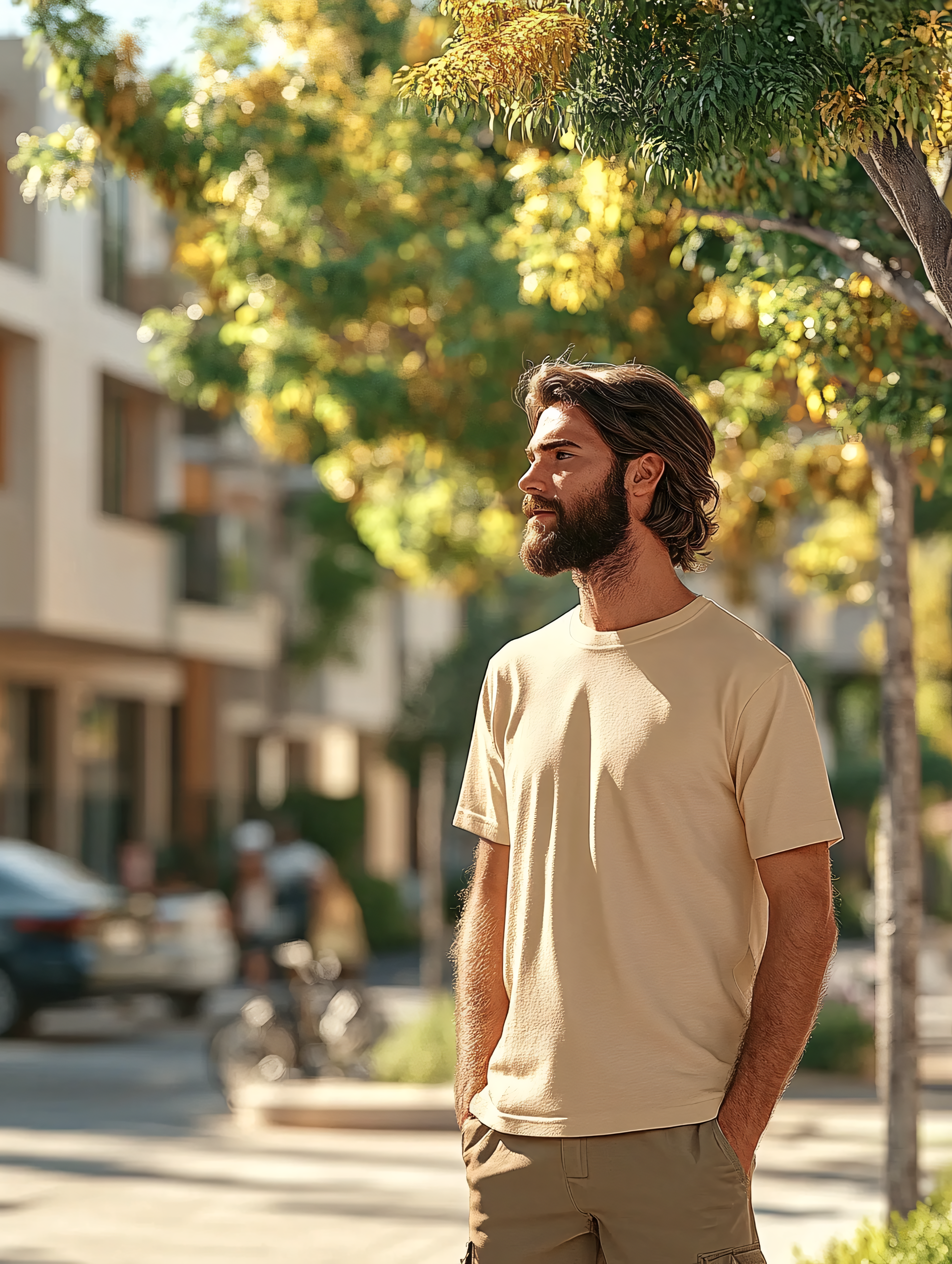 Contemplative Man in Beige Shirt Outdoors