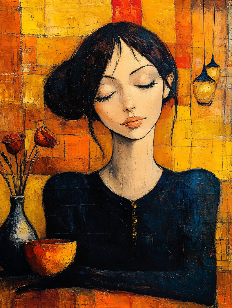 Contemplative Woman In Black Dress