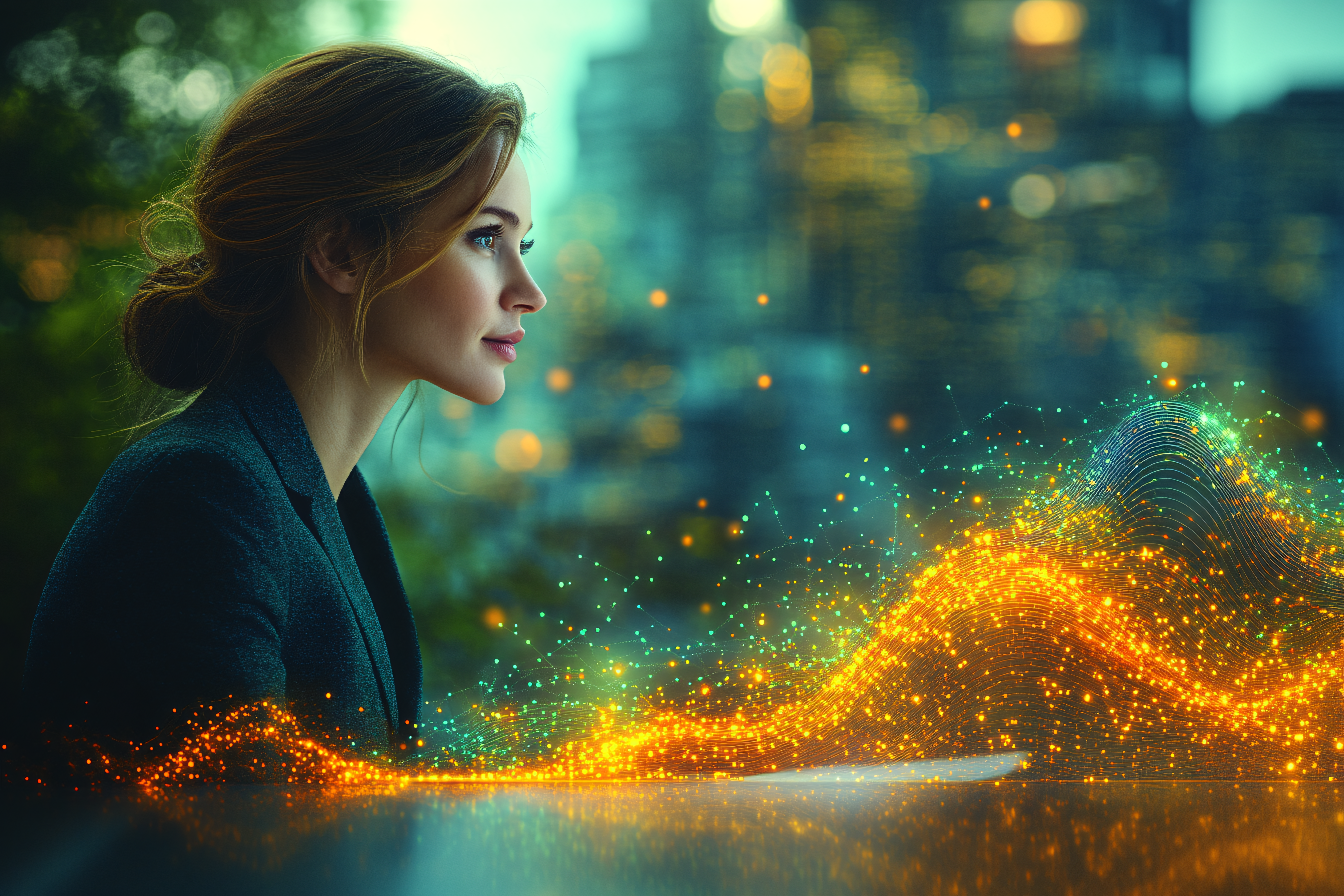 Contemplative Woman with Digital Network