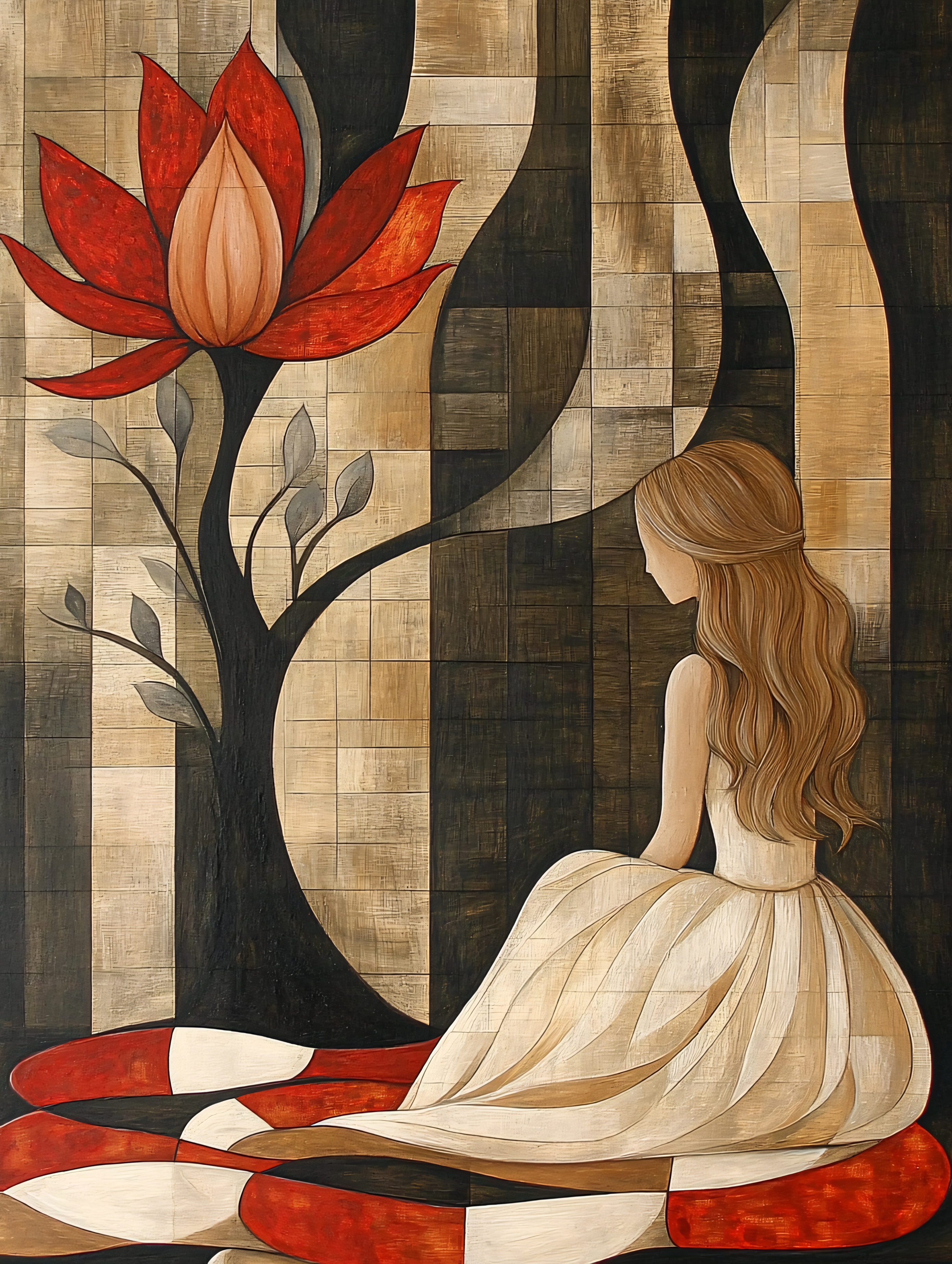 Contemplative Woman with Stylized Flower
