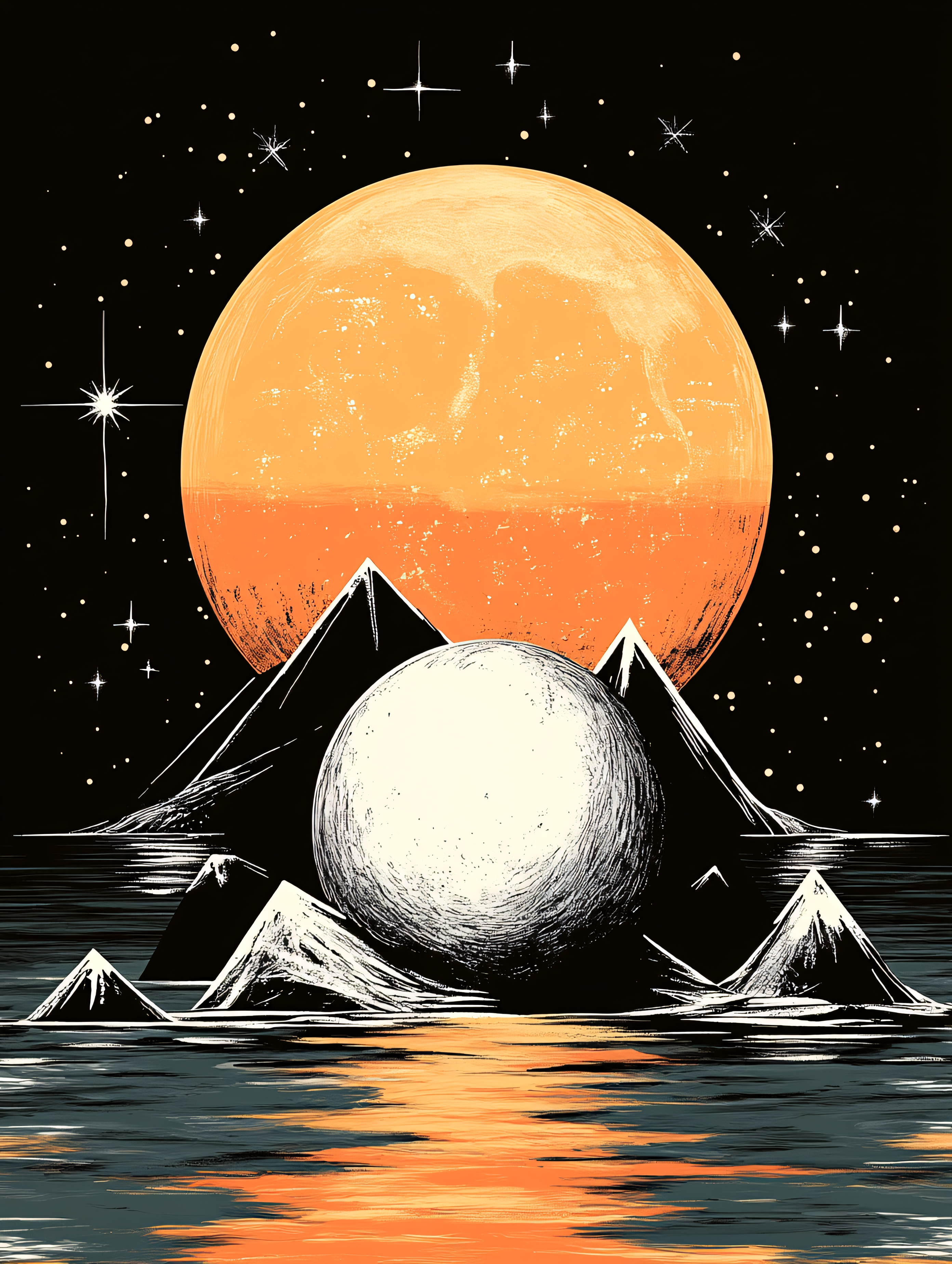 Cosmic Landscape with Orange Moon and Mountains