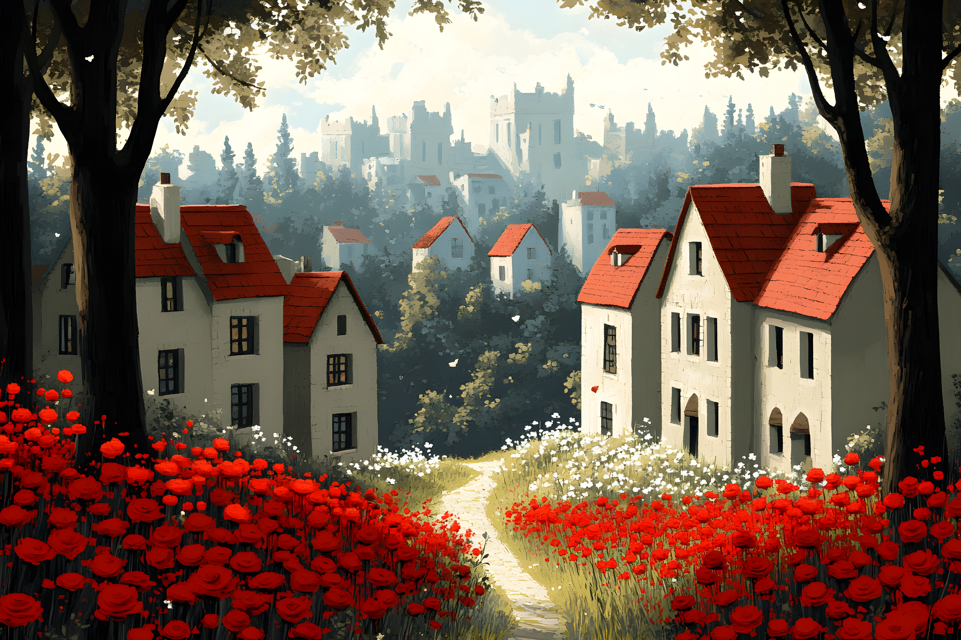 Countryside Houses And Red Poppies