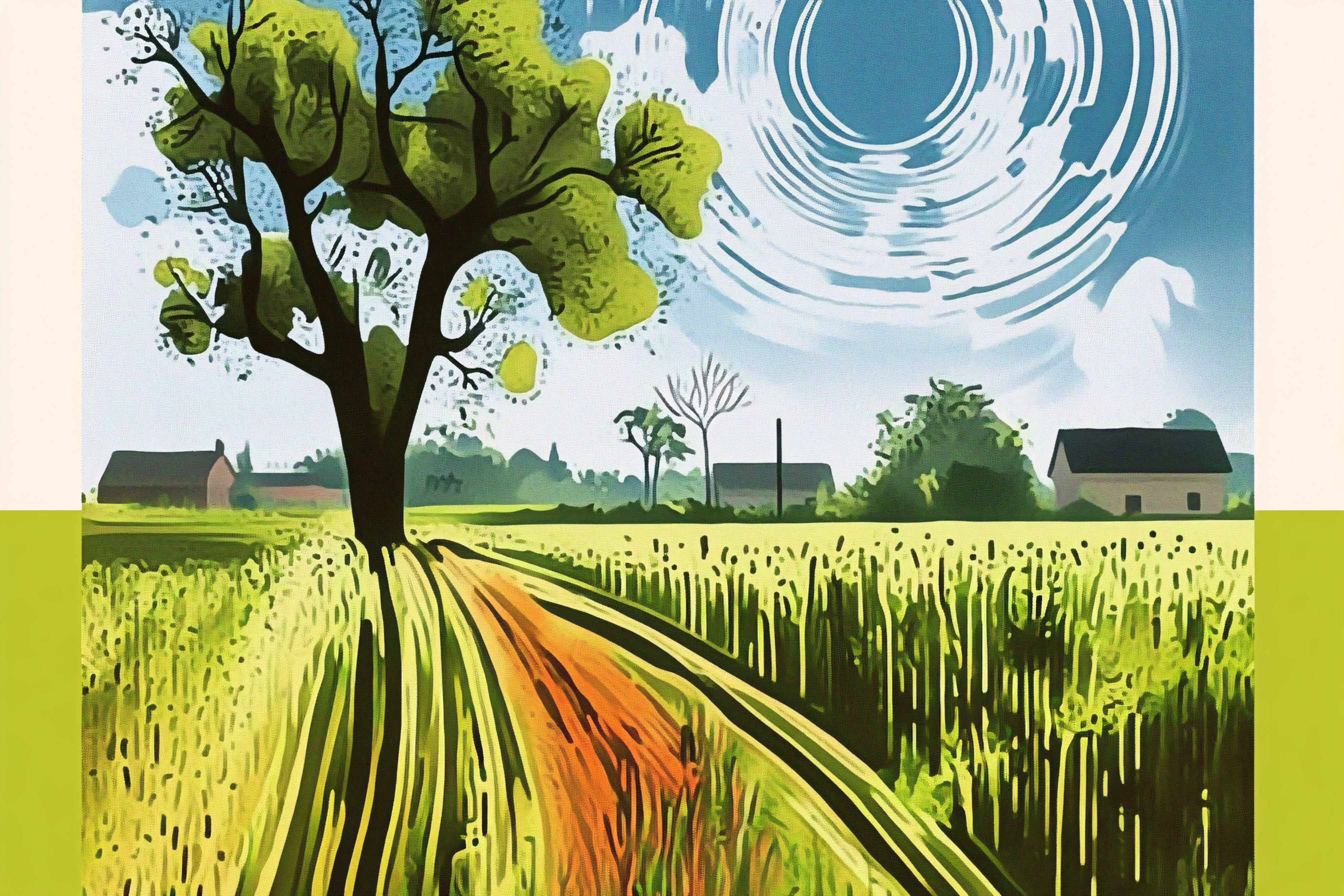 Countryside Landscape with Wheat Field and Farmhouses