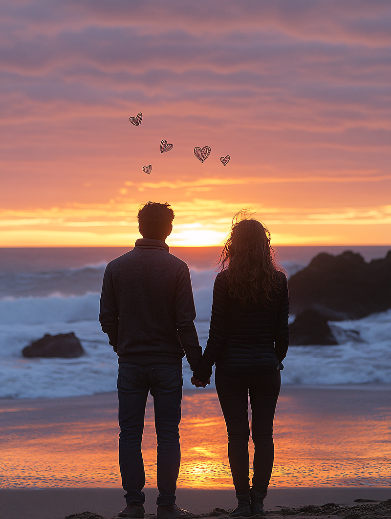 Couple Watching Sunset With Hearts