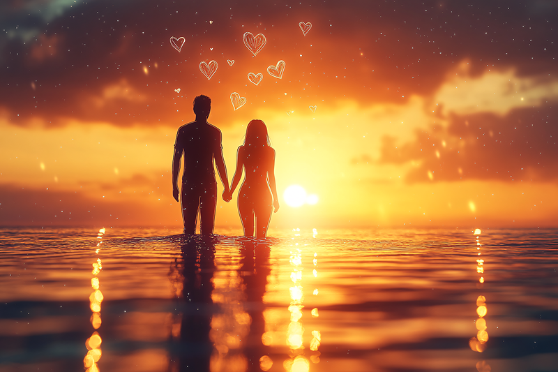 Romantic Couple Silhouette at Golden Sunset with Drawn Hearts and Starry Sky
