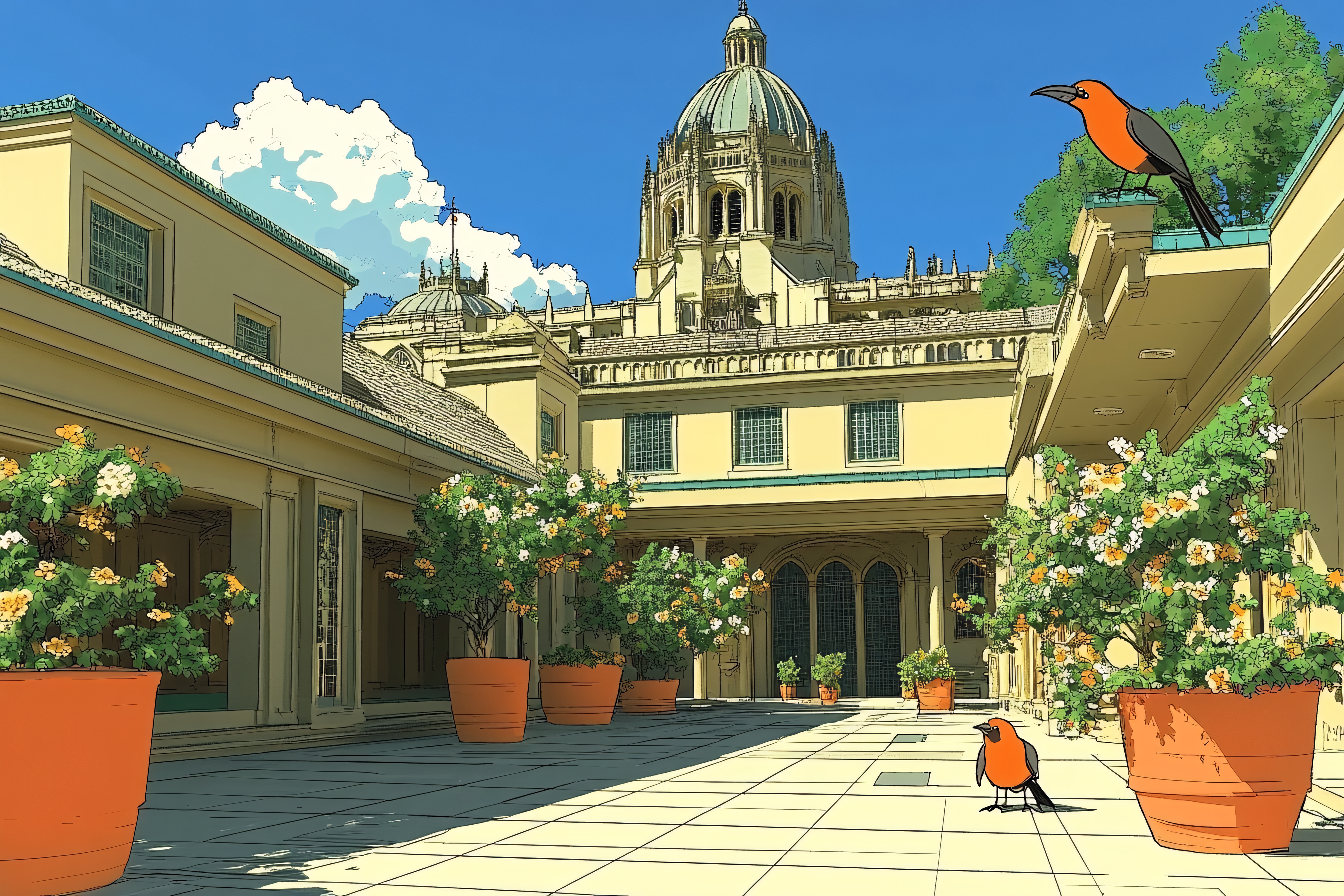 Courtyard Scene with Dome and Birds