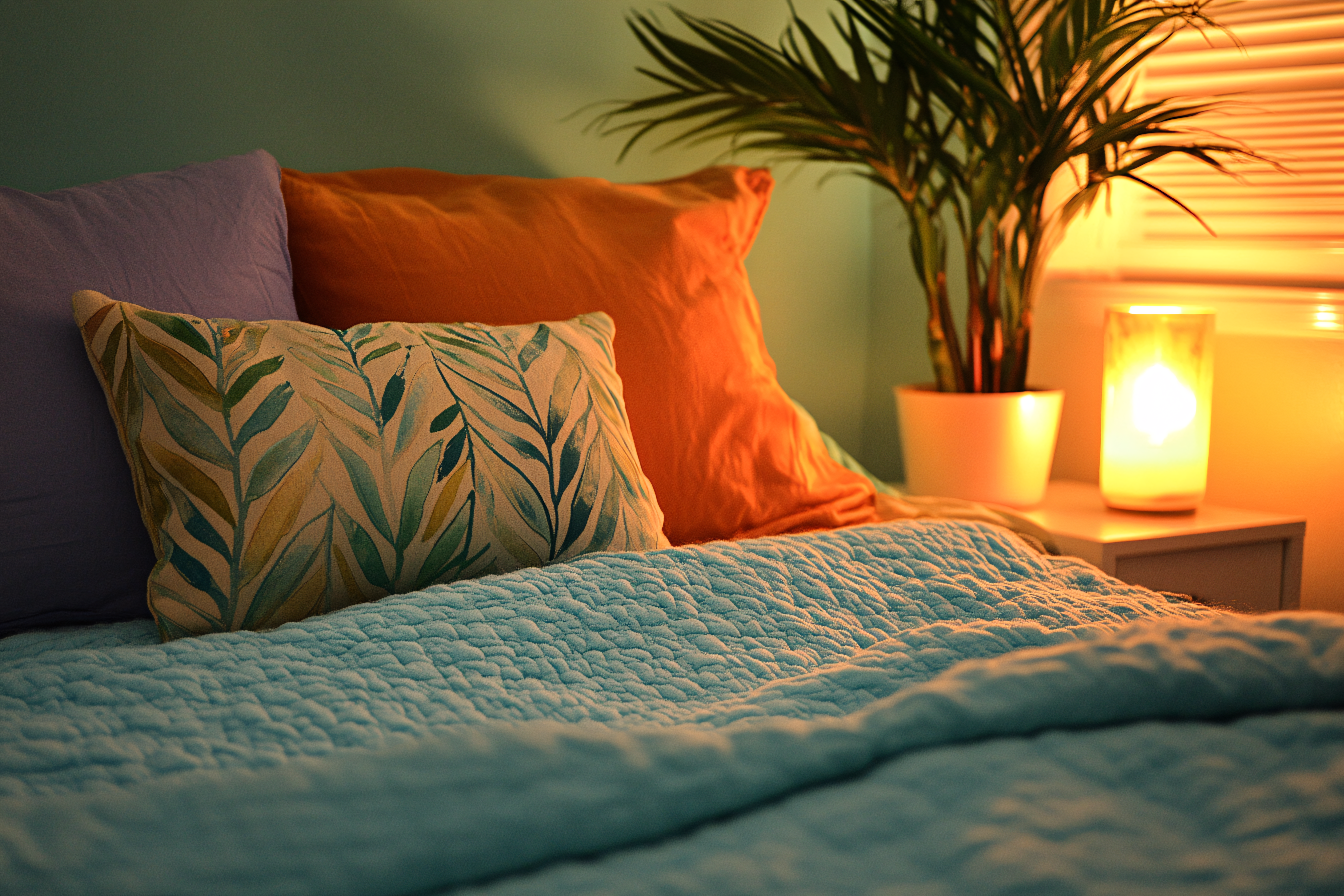 Cozy Bed With Pillows And Plant